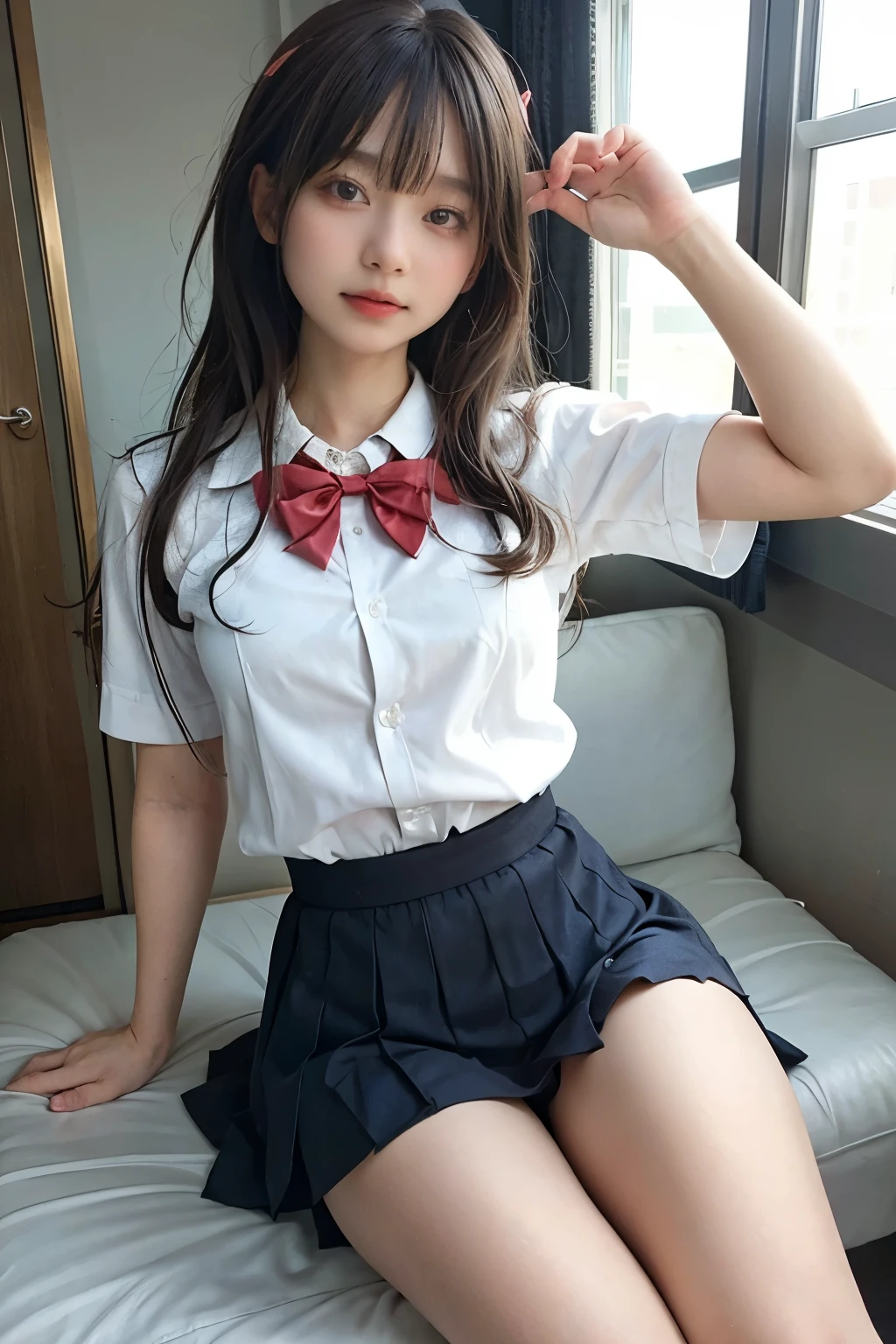 wearing short skirt、Alafid asian woman in bow tie sitting on train, cute schoolgirl, Japanese school girl uniform, wearing japanese school uniform, japanese school uniform, a hyperrealistic schoolgirl, Dress up as a schoolgirl, hyperrealistic schoolgirl, Wearing school uniform, realistic schoolgirl, girl wearing, Wearing school uniform, one posing, whole body, Good skin, glowing skin, beautiful thighs,glowing thighs, Glowing legs, (())