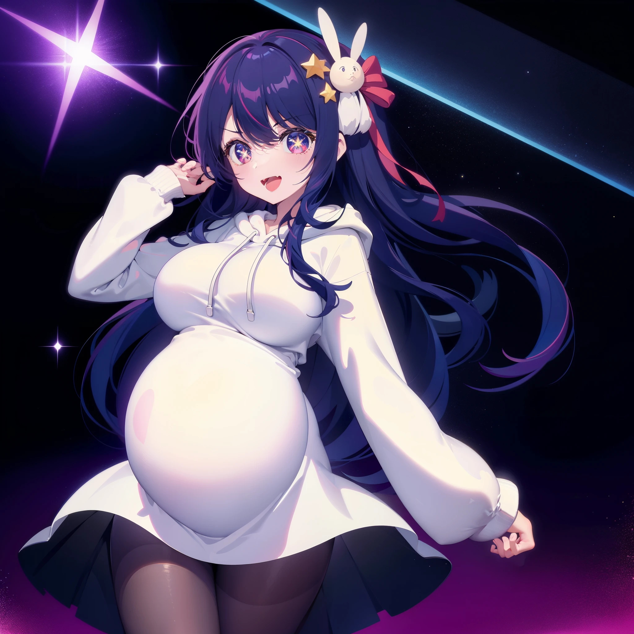 ((Masterpiece, Best Quality)),
stand in center of screen,(from head to shin),
1girl, Ai Hoshino,shiny skin,
(Hoodie),Open white coat,
(impossible clothes,silhouette),
(Stars in the Eyes,sparkle in the eyes,
clear eyes, beautiful six-pointed star eyes),
((colossal breasts, pregnant)),open mouth,smile,
black pantyhose,(hair ornaments),
City,street,(from front),