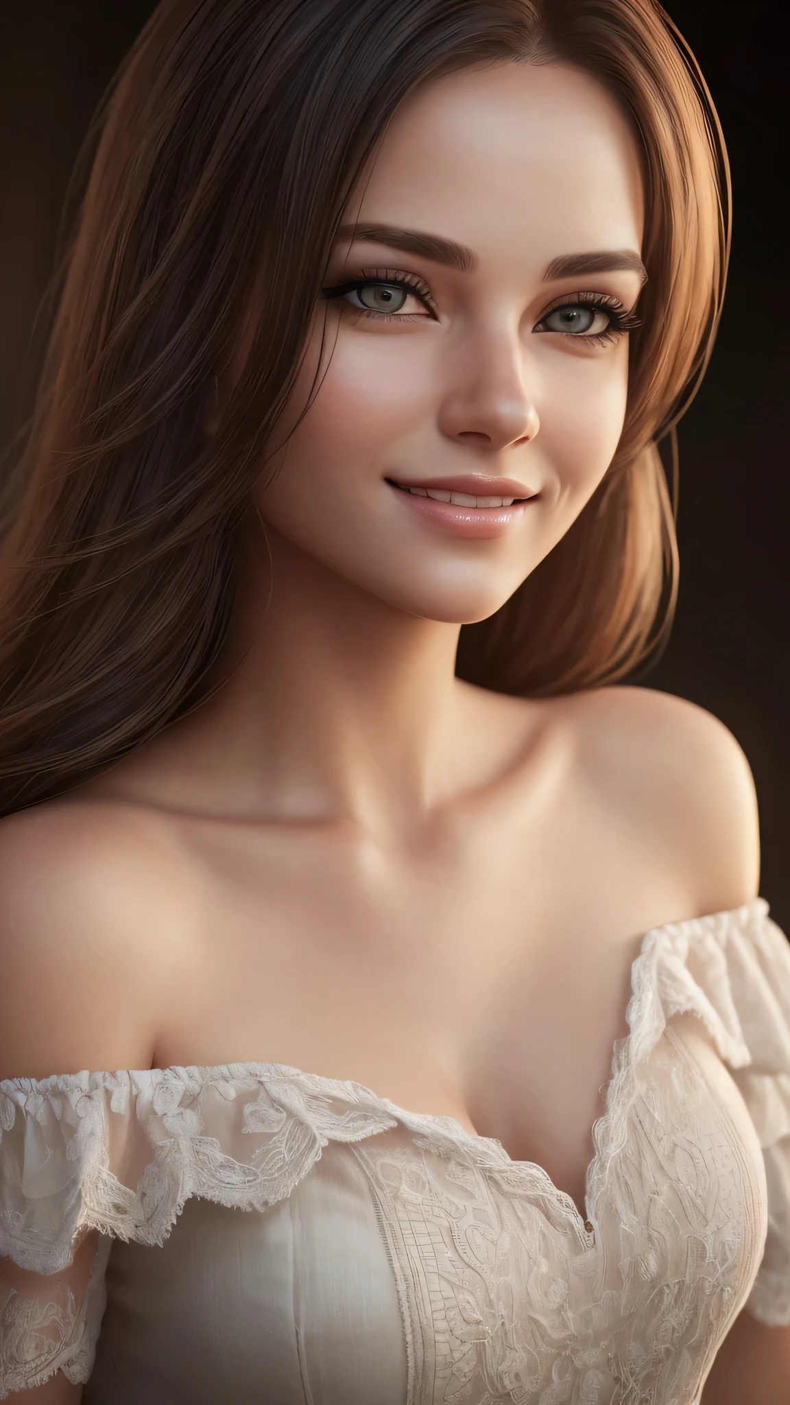 1woman, (Ultra realistic, high res), (highly detailed eyes, highly detailed hair, highly detailed face, highly detailed plump lips), (off shoulder), upper body, caute smile, (best quality:1.4), Raw photo, (realistic, photo-realistic:1.37), professional photography, cinematic light, (fine face: 1.2),