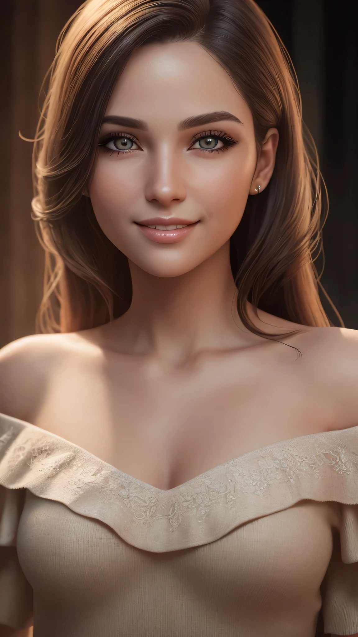 1woman, (Ultra realistic, high res), (highly detailed eyes, highly detailed hair, highly detailed face, highly detailed plump lips), (off shoulder), upper body, caute smile, (best quality:1.4), Raw photo, (realistic, photo-realistic:1.37), professional photography, cinematic light, (fine face: 1.2),