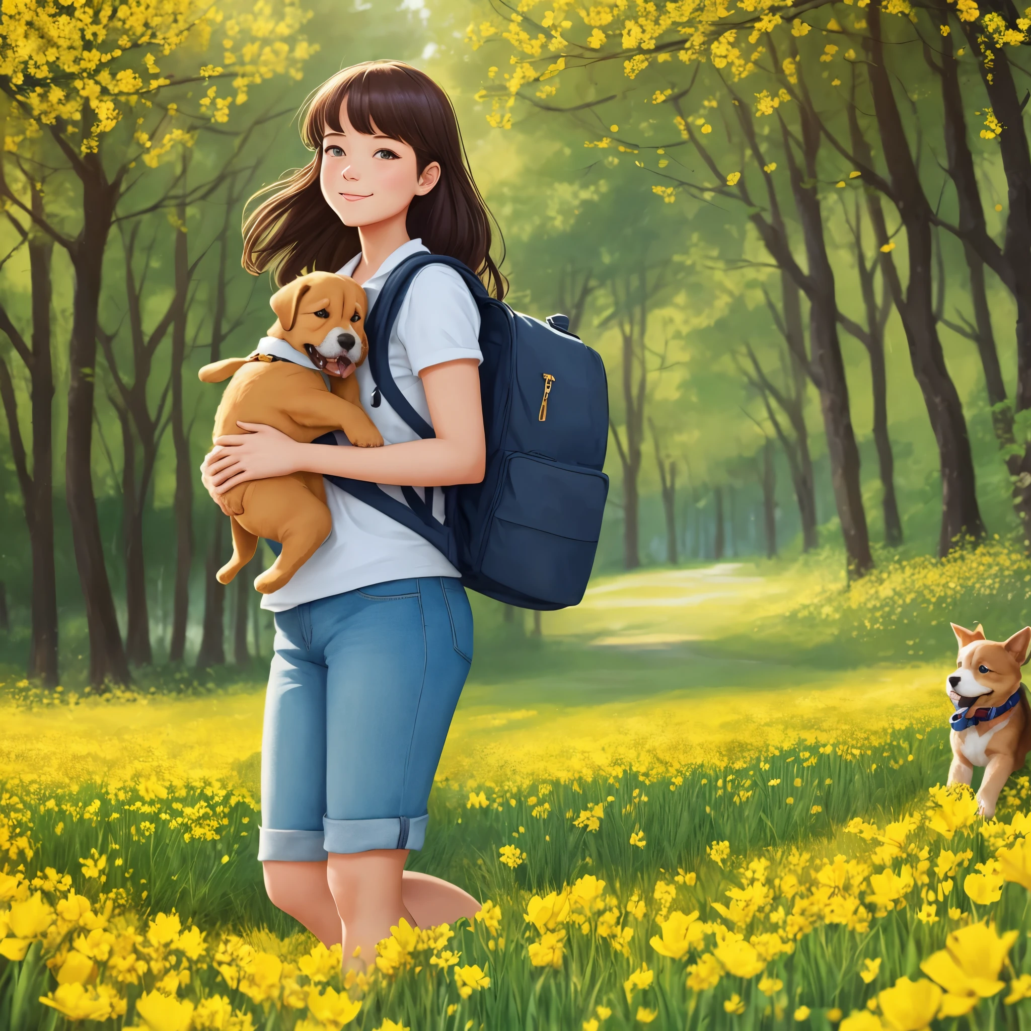 Tip: A very charming with a backpack and her cute puppy enjoying a lovely spring outing surrounded by beautiful yellow flowers and nature. The illustration is a high-definition illustration in 4k resolution, featuring highly detailed facial features and cartoon-style visuals.