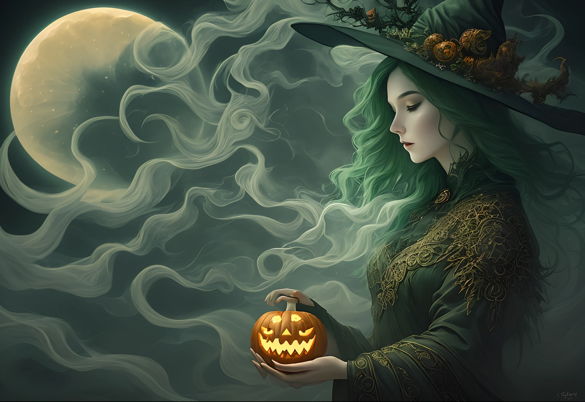 the horror of the sun and moon, Instagram, Pinterest, art station, ai art, digital paint, smoke, mist, vapor, wind, swirls, dark green, chaos, intricate details, intricate design, beautiful pose, a beautiful witch woman, blah pumpkin shaped background