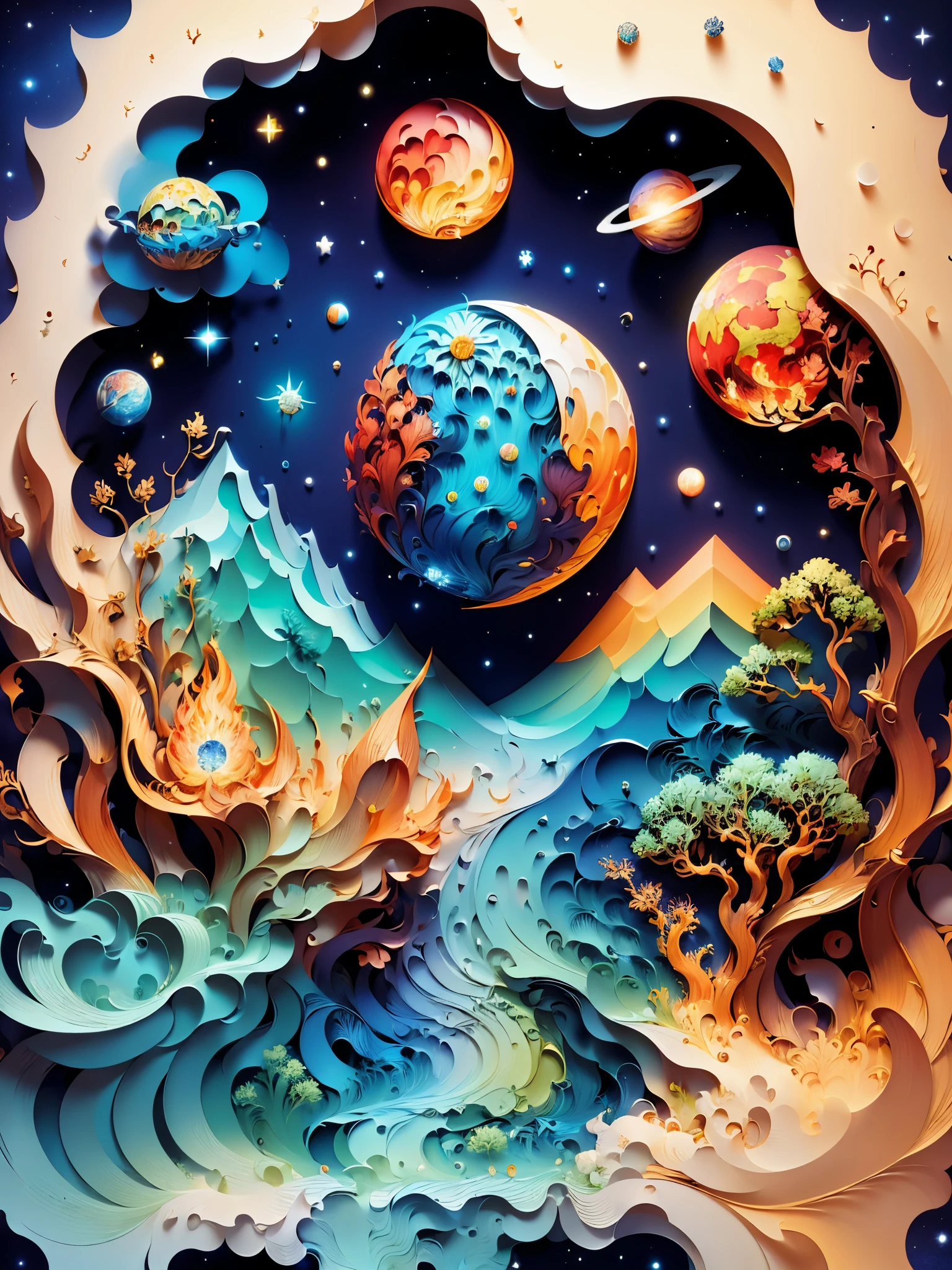 (((masterpiece))),best quality, illustration, earth, water ,fire, wind , space  , paper_cut, 