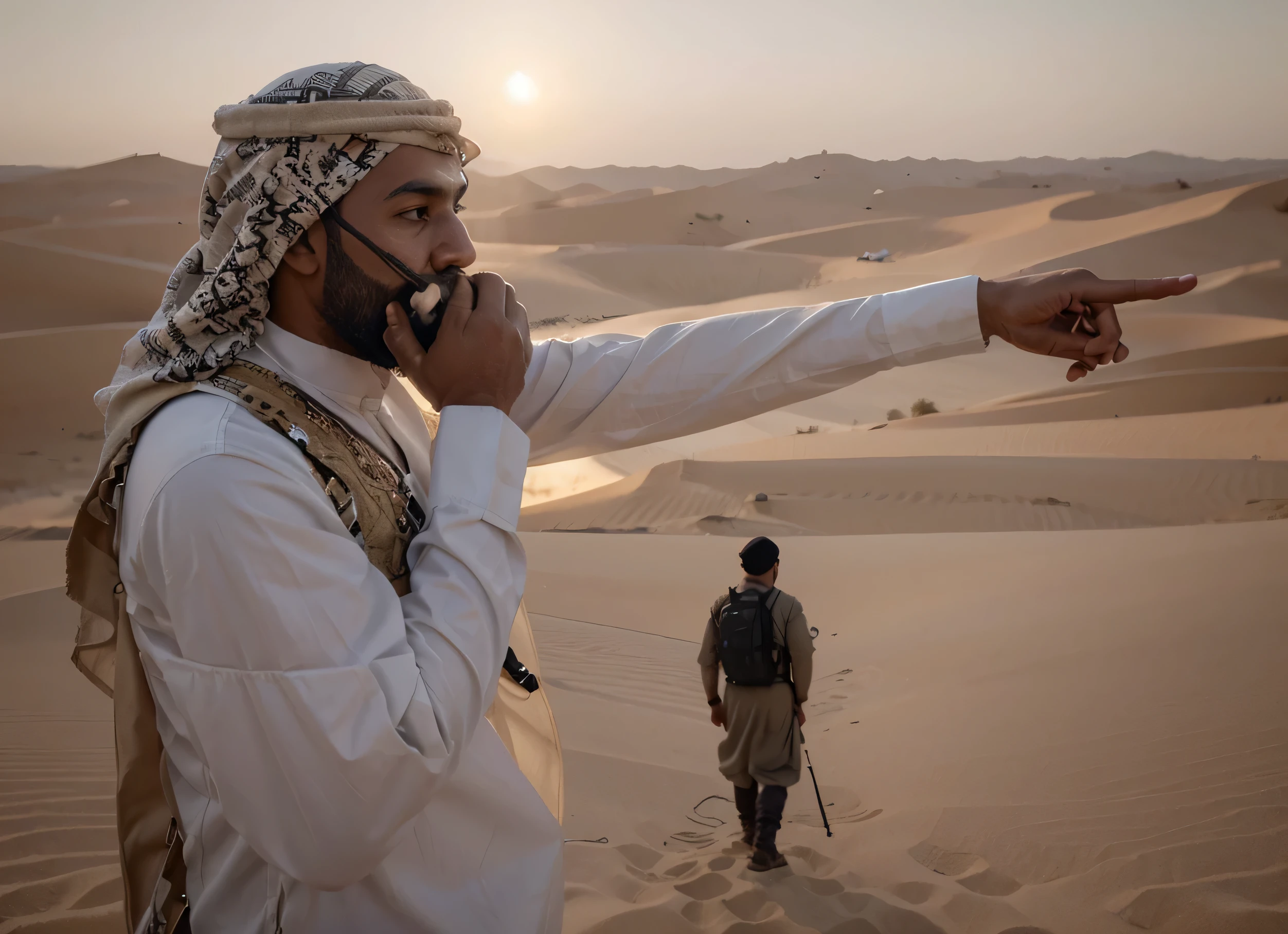 Soldado masculino, habla por un walkie talkie, Arab face, piel oscura, Barba negra gruesa, se cubre la cabeza con un turbante, He wears typical beige and white Arab clothing., sostiene un walkie talkie, It&#39;s in a desert in the Middle East, 4k, ultra detallado image, Realista, muy detallado, perfect composition, gorgeous, Intrincadamente detallado, incredibly detailed, 8 k artistic photography, hiper detallado, obra maestra, ultra detallado, hyper Realista, 4k, ultra detallado image, Realista, muy detallado, perfect composition, hermoso, Intrincadamente detallado, incredibly detailed, 8K fine art photography, hiper detallado, obra maestra