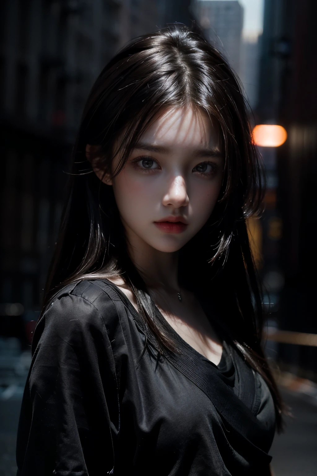 1girl, (looking at viewer:1.2), detail face, (a girl standing, rending on cgsociety, black shadows, streaming, new york backdrop), romanticism, atmospheric, (RAW photo, best quality), (realistic, photo-realistic:1.3), masterpiece, an extremely delicate and beautiful, extremely detailed,