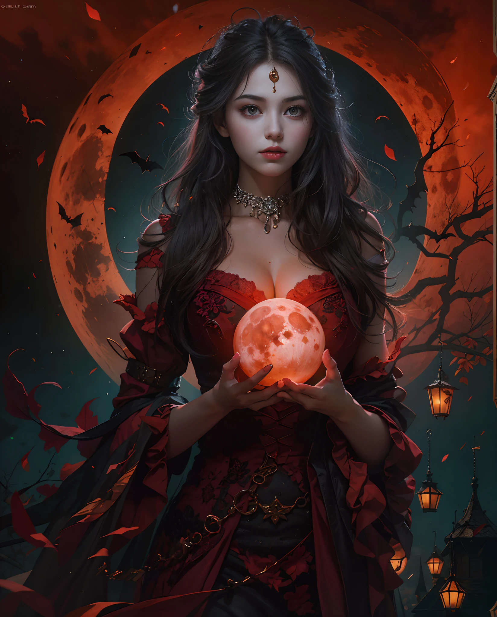 Create a spellbinding digital artwork depicting a mesmerizing woman exuding ethereal beauty beneath the bewitching glow of a blood moon on Halloween night.