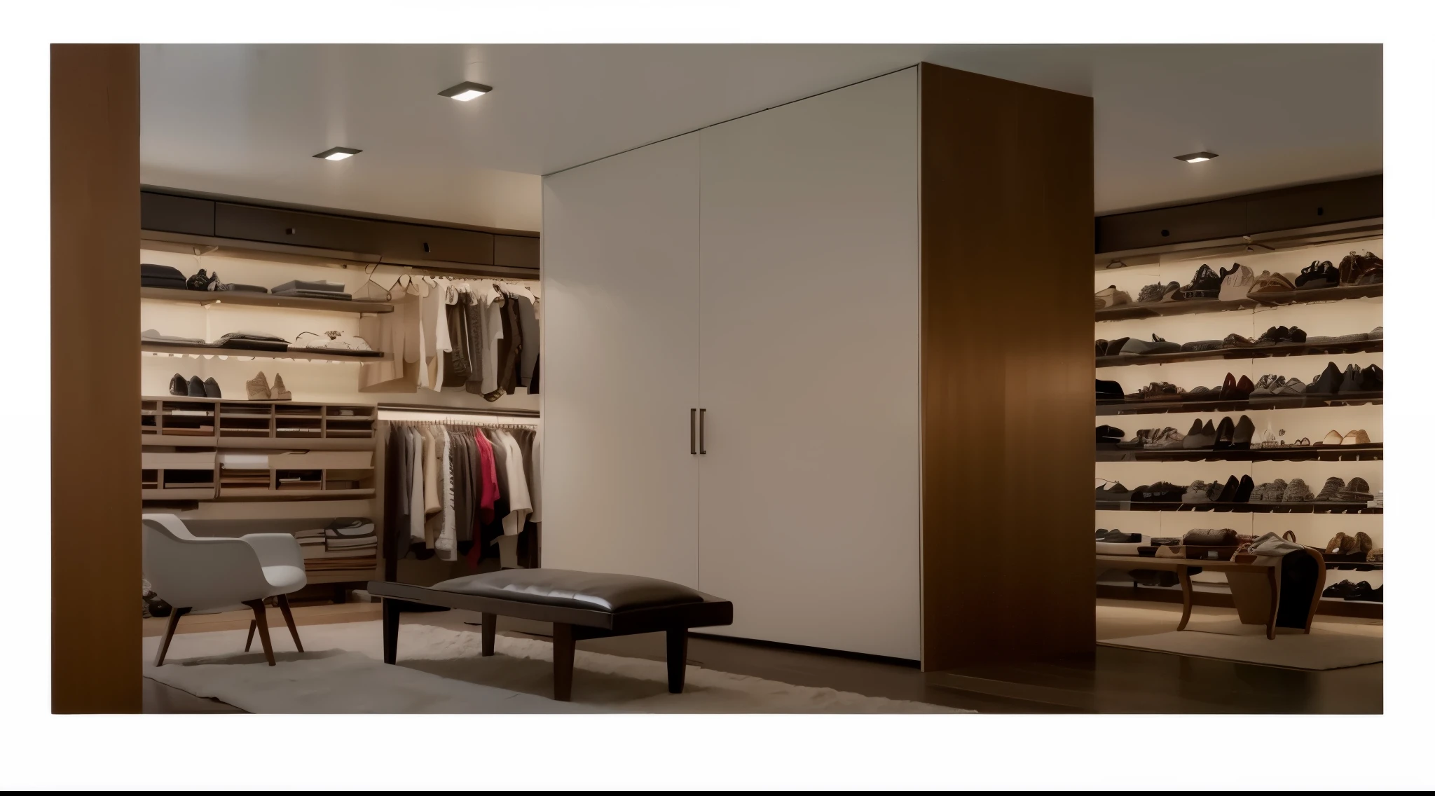 Closet view with bench and shoe rack, elegant wardrobe, Elegant futuristic wardrobe, modern gallery furniture, Modern and simple f 2 0, Modern and simple f 2 0 clean, Accent lighting, Superb detail 8K, High quality rendering, elegant minimalism, Lowest point illumination, Modern and simple, cupboard家具, cupboard, With smooth lines and powerful strength