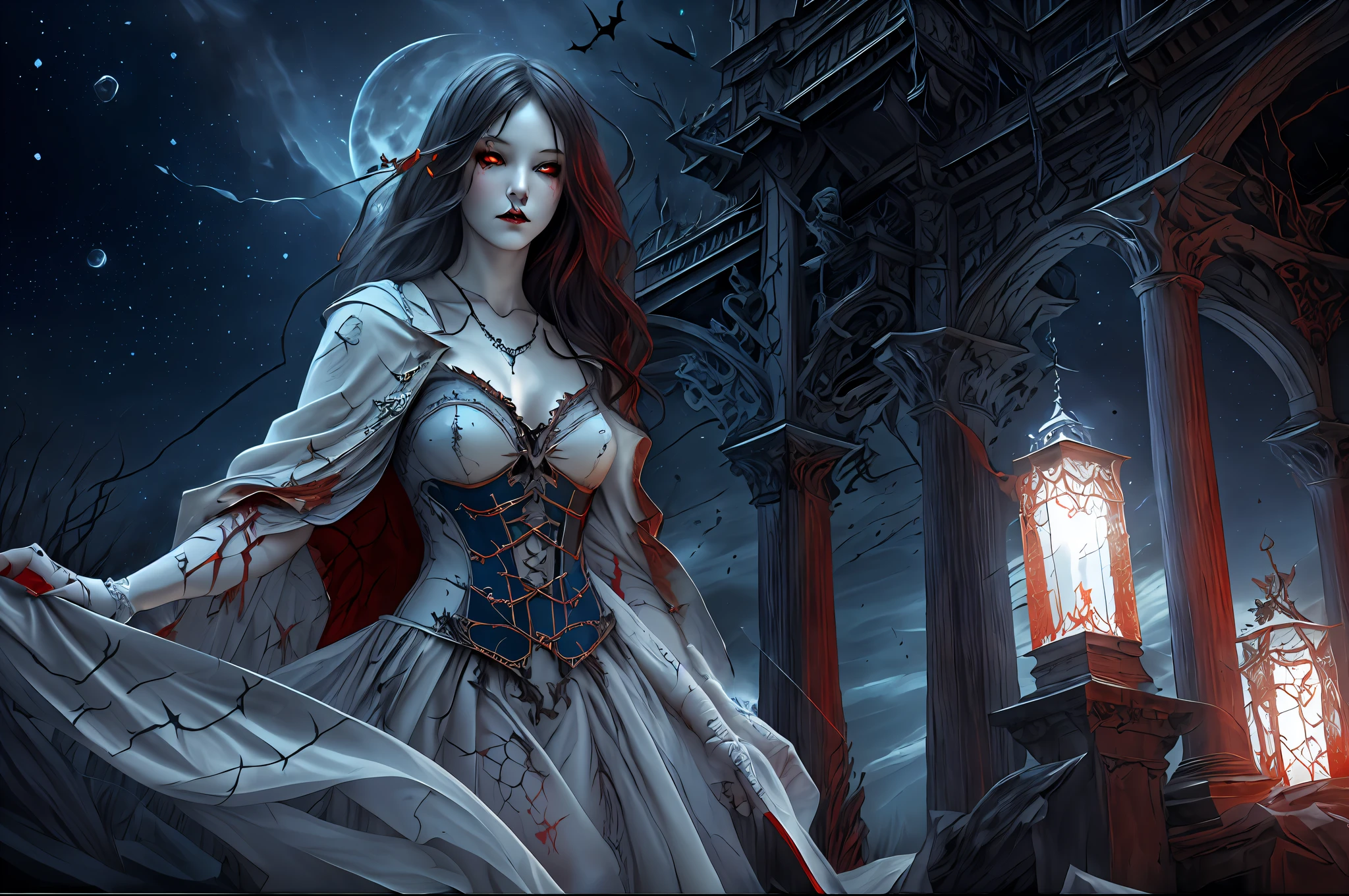 a picture of an exquisite beautiful female vampire standing under the starry night sky on the porch of her castle, dynamic angle (ultra detailed, Masterpiece, best quality), ultra detailed face (ultra detailed, Masterpiece, best quality: 1.4), ultra feminine, grey skin, red hair, wavy hair, dynamic eyes color, cold eyes, glowing eyes, intense eyes, dark red lips, [fangs], wearing white dress (ultra detailed, Masterpiece, best quality: 1.5), wearing blue cloak (ultra detailed, Masterpiece, best quality), long cloak, flowing cloak (ultra detailed, Masterpiece, best quality), wearing high heeled boots, wearing blood colored crystals gem00d, sky full of stars background, fantasy_night, moon, bats flying about (high details, best quality, 8k, [ultra detailed], masterpiece, best quality, (ultra detailed), full body, ultra wide shot, photorealism, dark fantasy art, dark fantasy art, gothic art, many stars, dark fantasy art, gothic art, sense of dread,