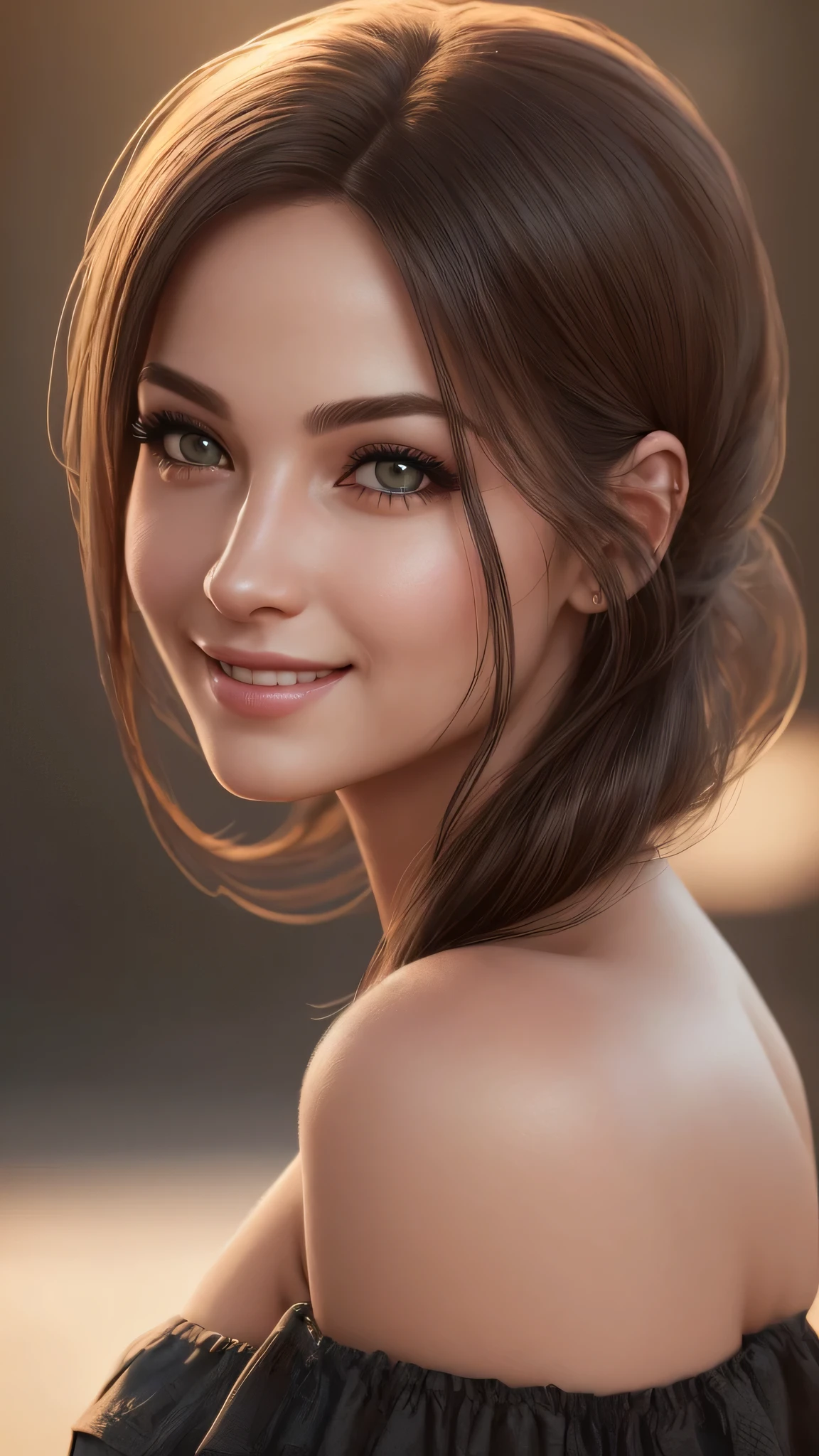 1woman, (Ultra realistic, high res), (highly detailed eyes, highly detailed hair, highly detailed face, highly detailed plump lips), (off shoulder), upper body, caute smile, (best quality:1.4), Raw photo, (realistic, photo-realistic:1.37), professional photography, cinematic light, (fine face: 1.2),