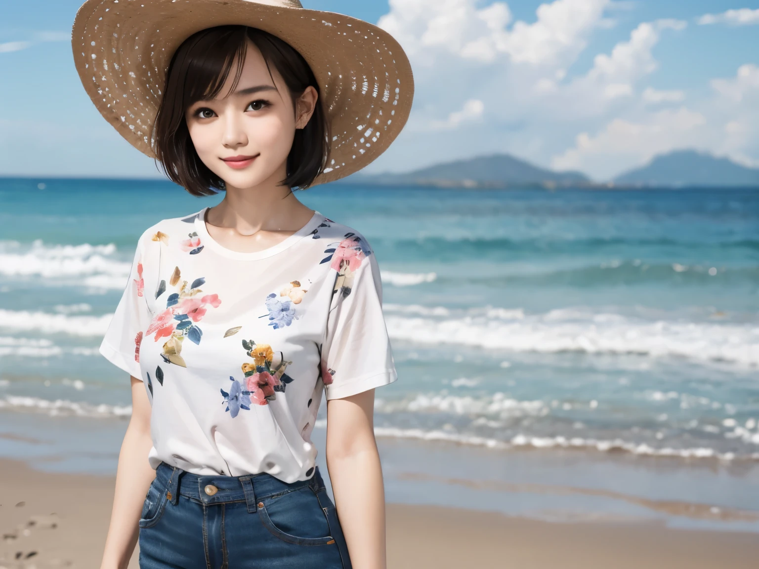 158
(Shorthair:1.46),  (a 20 yo woman, standing), (A hyper-realistic), (Masterpiece), (8KUHD), (gentle smile), Slender waist, Wearing jeans, ((Floral Clothing - T-Shirts)), Wearing long pants, (abstract painting), (splash on the beach),  (breasts:1.3), (口紅), panama hat
