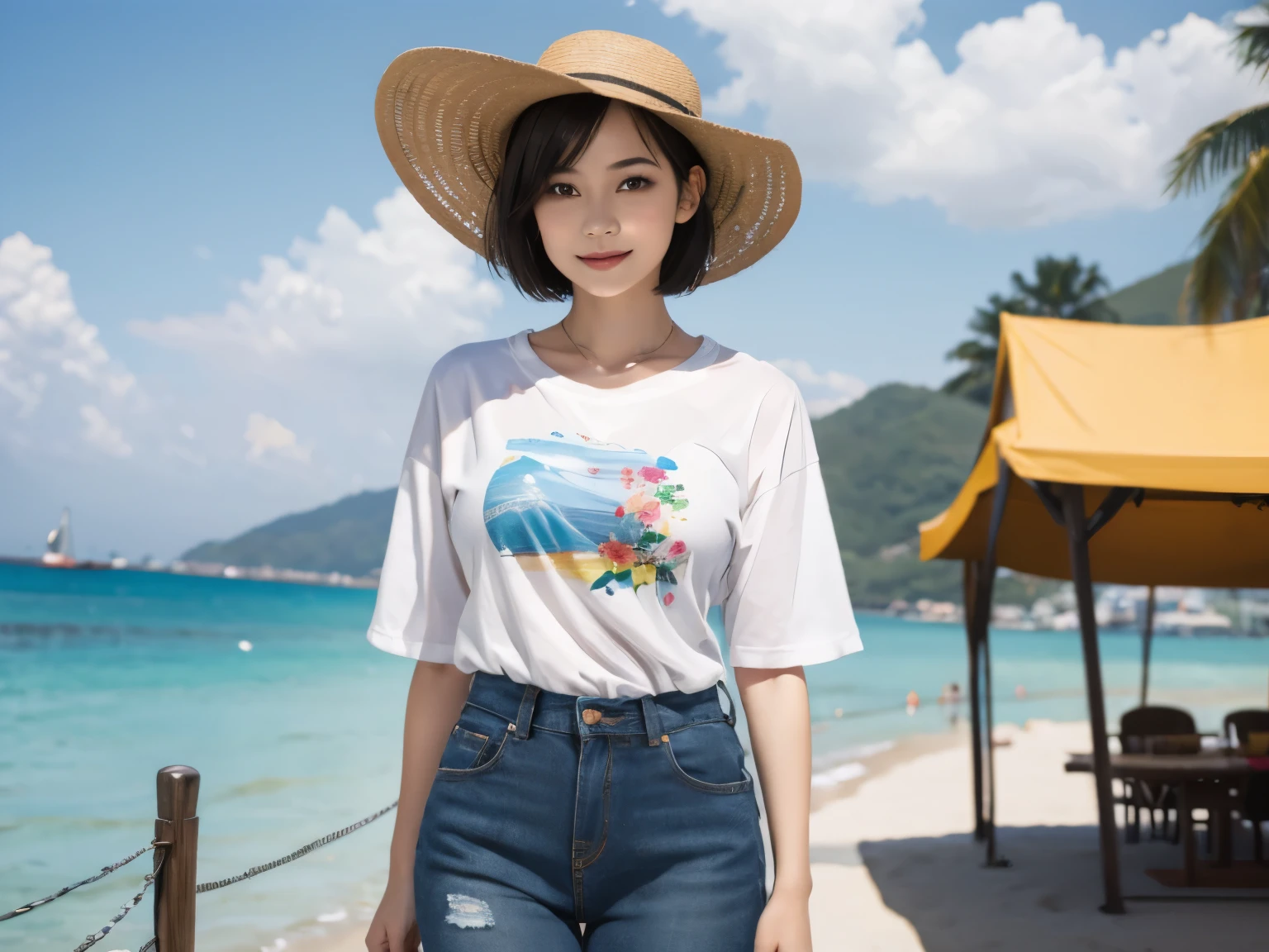 158
(Shorthair:1.46), (a 20 yo woman, standing), (A hyper-realistic), (Masterpiece), (8KUHD), (gentle smile), Slender waist, Wearing jeans, ((Floral Clothing - T-Shirts)), Wearing long pants, (abstract painting), (splash on the beach), (breasts:1.3), (口紅), panama hat