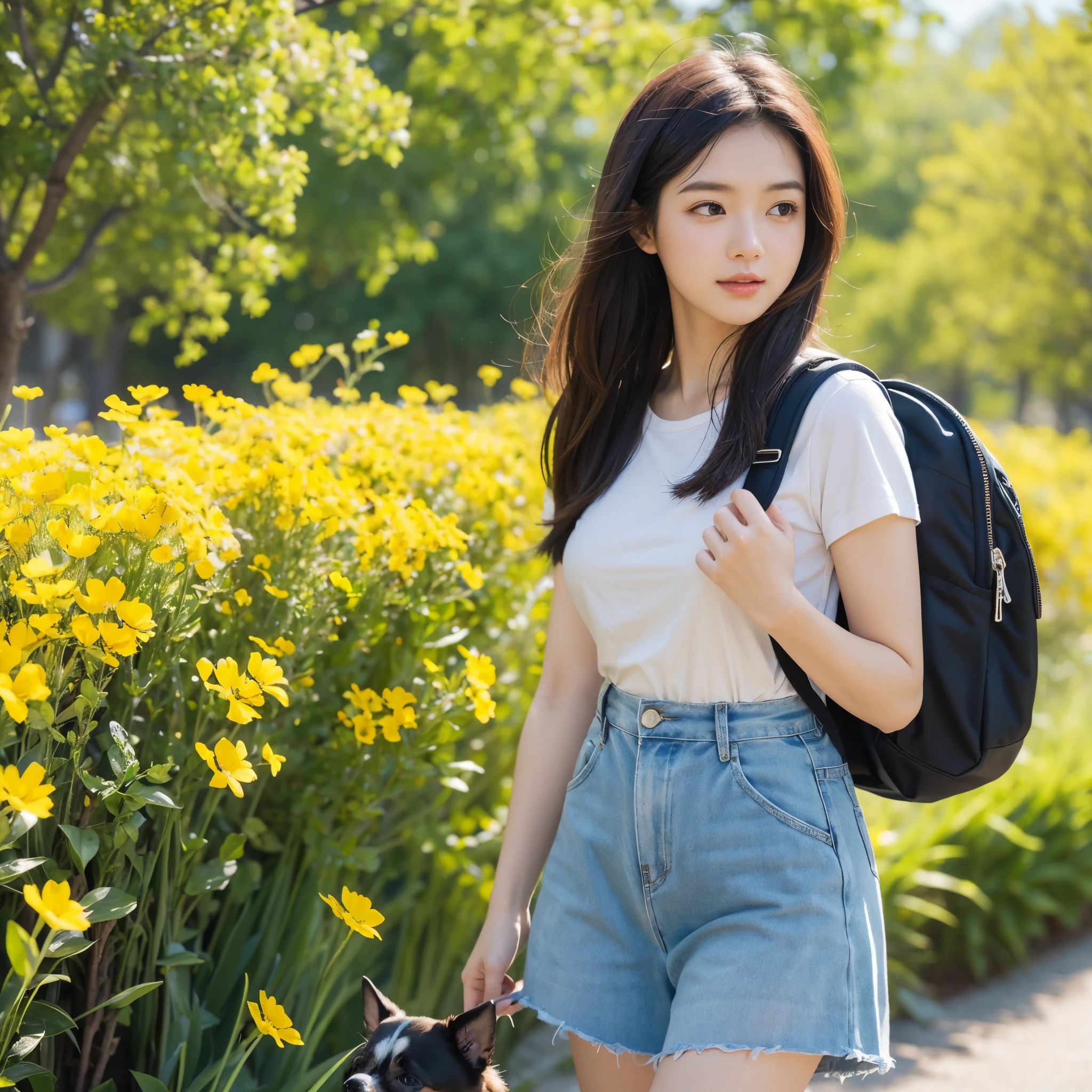 A very charming with a backpack and her cute puppy enjoying a lovely spring outing surrounded by beautiful yellow flowers and nature. The illustration is a high-definition illustration in 4k resolution,