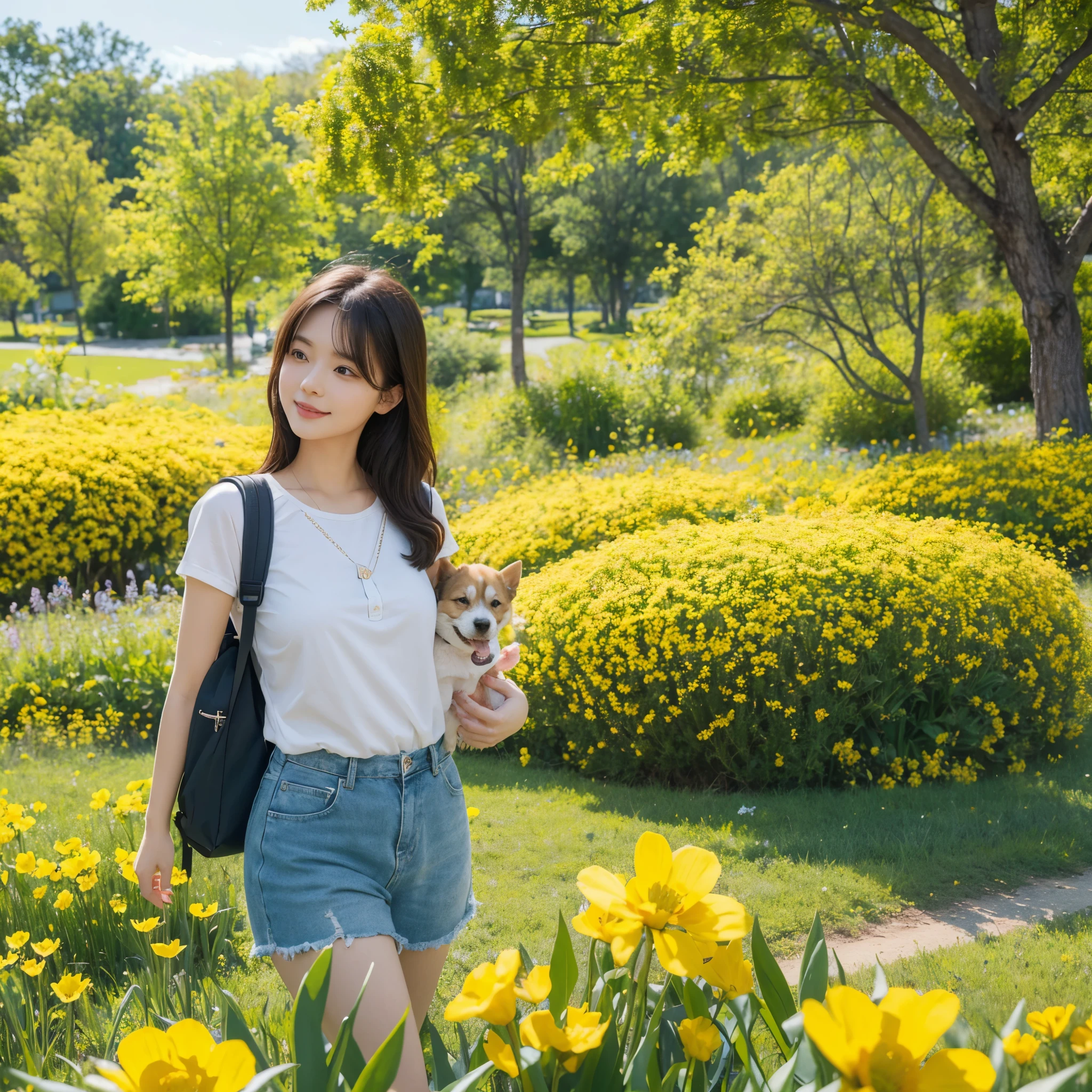 A very charming with a backpack and her cute puppy enjoying a lovely spring outing surrounded by beautiful yellow flowers and nature. The illustration is a high-definition illustration in 4k resolution, 