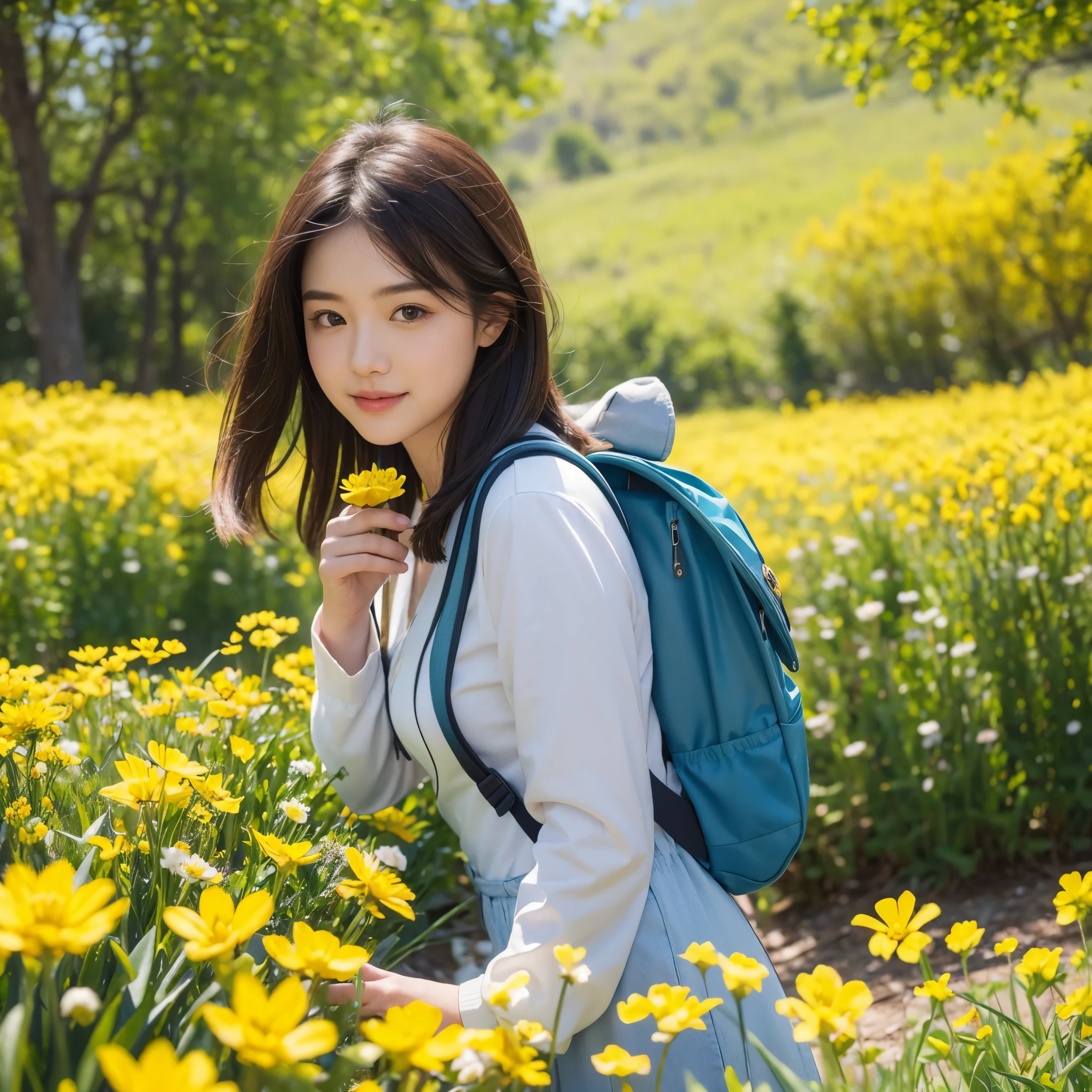 A very charming with a backpack and her cute puppy enjoying a lovely spring outing surrounded by beautiful yellow flowers and nature. The illustration is a high-definition illustration in 4k resolution, 