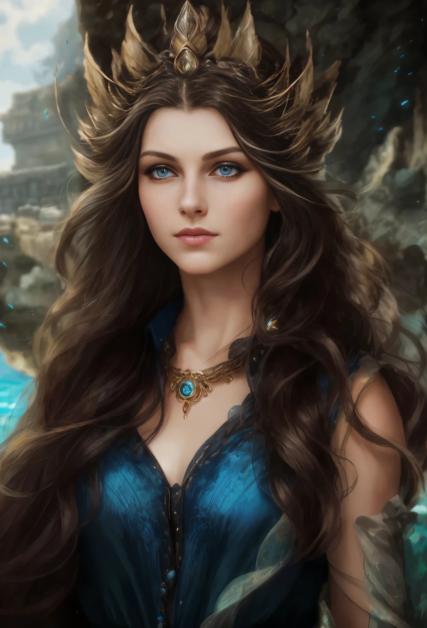 High resolution, brunette girl, 28 years old, bright blue eyes, pattern of stones on her face along the forehead to the temples, Brunette, temples slightly shaved, long black hair pulled back in a ponytail, temples slightly shaved, dressed in a silk shirt and loose trousers, bright blue eyes, portrait, the sea in the background, realism, fantasy