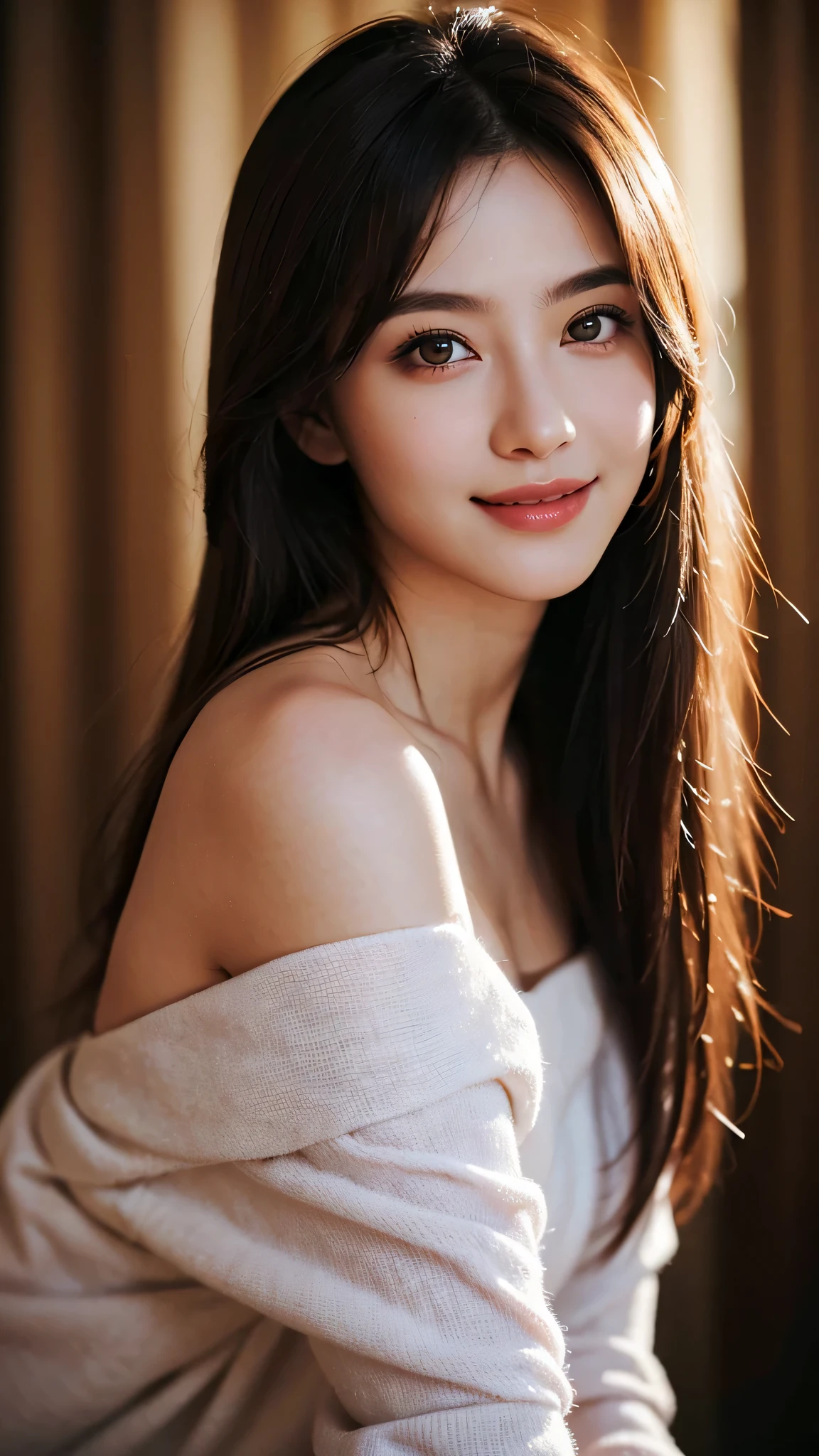 1woman, (Ultra realistic, high res), (highly detailed eyes, highly detailed hair, highly detailed face, highly detailed plump lips), (off shoulder), upper body, caute smile, (best quality:1.4), Raw photo, (realistic, photo-realistic:1.37), professional photography, cinematic light, (fine face: 1.2),