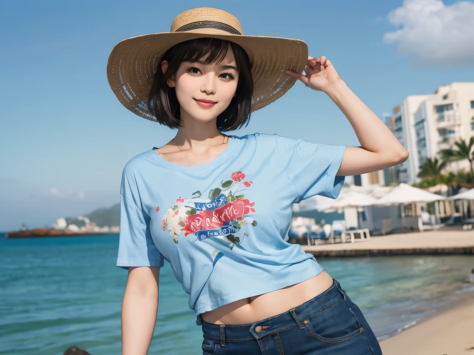 158
(Shorthair:1.46), (a 20 yo woman, standing), (A hyper-realistic), (Masterpiece), (8KUHD), (gentle smile), Slender waist, Wearing jeans, ((Floral Clothing - T-Shirts)), Wearing long pants, (abstract painting), (splash on the beach), (breasts:1.3), (口紅), panama hat