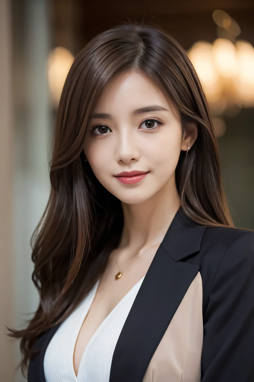 table top、highest quality、genuine、Super detailed、finely、High resolution、8k wallpaper、one beautiful woman、、、light brown disheveled hair、wearing a business suit、sharp focus、perfect dynamic composition、beautiful and detailed eyes、thin hair、詳細なgenuineな肌の質感、smile、close-up portrait、model body shape