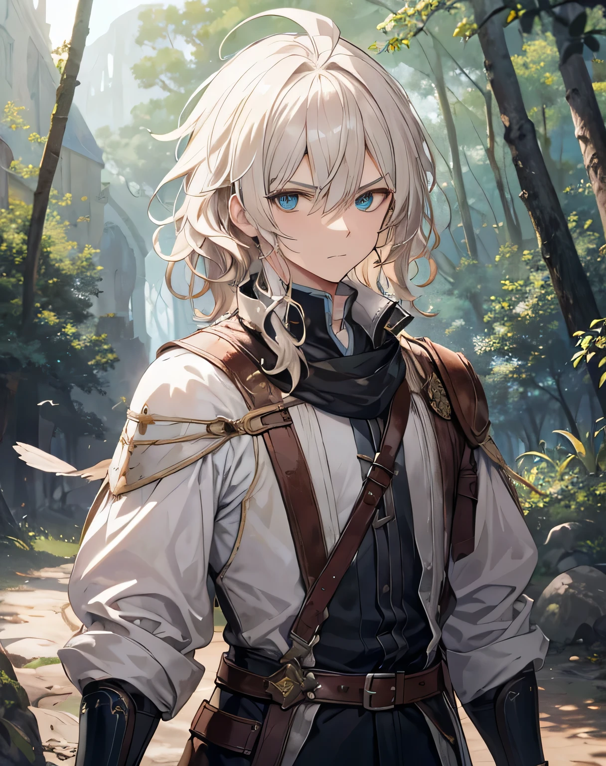 masterpiece, 1men, sparrow, a silver blonde haired men, wearing a medieval villager clothes, curly medium hair, messy hair, slim body, wearing adventurer clothes, he close her left eye, shirt ornament, angry expression, aqua eyes, stand at forest, ahoge, leather armor