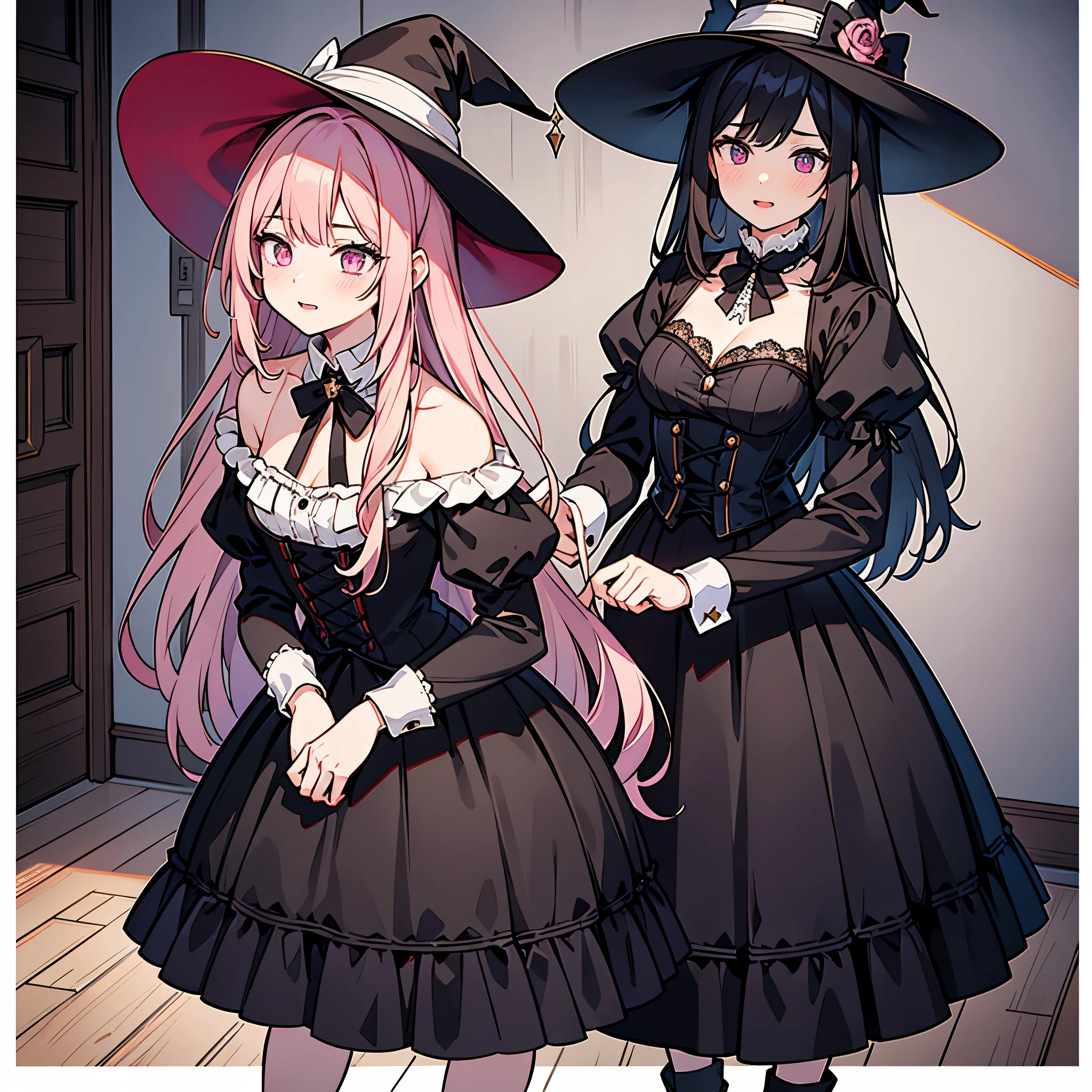 best quality,ultra-detailed,realistic,photorealistic,pink-eyed,long-haired girl looks happy,beautiful detailed eyes,beautiful detailed lips,long eyelashes,best quality portrait painting,detailed,physically-based rendering,ultra-fine painting,fine details,painting,a teenage boy has joined a witch coven and gets magically transformed into a cute teenage witch girl,gender bending,witches are helping dressing up the new girl, who’s happily getting dressed in a stunning black victorian dress, physically-based rendering,gorgeous dress design,flowing gown,elaborate lace details,rich textures,contrast stitching,delicate ribbon bows,floral accents,full skirt,high neckline,long sleeves,fitted waistline,flared cuffs,lace-up back,luxurious fabrics,corset,flawless silhouette,high heels, pink-eyed girl,effeminate face,pointy hat,long black hair,witches assisting in dressing up the new girl,promptly helps the new girl getting dressed in a stunning black Victorian dress, in a old abandoned castle with worned out furniture and occultist witch symbol, high resolution, 4K, 8K
