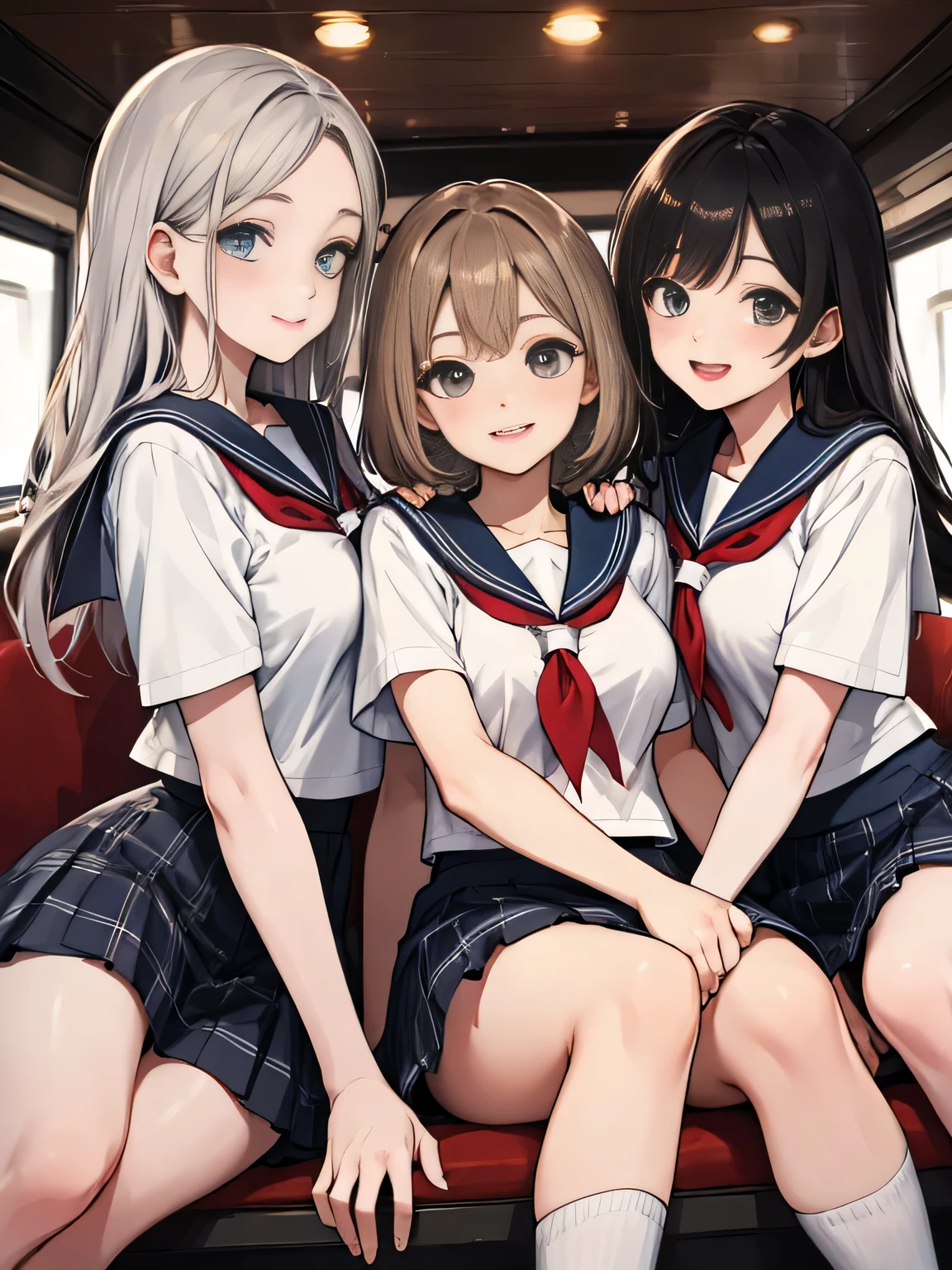 highest quality、High resolution、detailed background、beautiful and detailed face、beautiful and smooth skin、skin texture、professional lighting、Beautiful age girl、(three women),cute hairstyle、big breasts,Cute colored sailor suit、Plaid pleated mini skirt、white knee high socks、on the way to school、laughter、smile、sexual expression、show your whole body、lift up the skirt、playfully hug