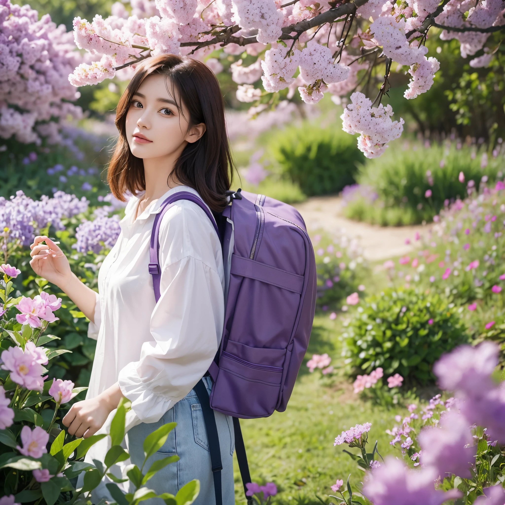 A very charming with a backpack and her cute Calico cat enjoying a lovely spring outing surrounded by beautiful purple flowers and nature. The illustration is a high-definition illustration in 4k resolution, featuring highly detailed facial features .