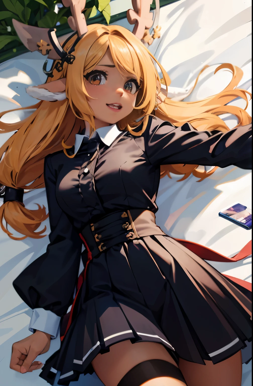 1 garota, :d, Arisa_(Shadowverso), seta_(projectile), Ruim_id, Ruim_Twitter_id, cinto, Preto_luvas, loiro_cabelo, arco_(arma), seios, broche, marrom_coxas, capa, Commentary_solicitar, vaqueiro_tomada, vestir, elarco_luvas, duende, luvas, verde_olhos, cabelo_fita, cabeloband, Enorme_arma, joia, longo_cabelo, olhando_no_visualizador, Neck_fita, Abrir_boca, acima da altura dos joelhos, pontudo_ouvidos, Vermelho_capa, Vermelho_fita, fita, Shadowverso, curto_vestir, sem mangas, sem mangas_vestir, Pequeno_seios, sorriso, snm_(sunimi), Sozinho, espada, coxas, Em forma de V_sobrancelhas, arma