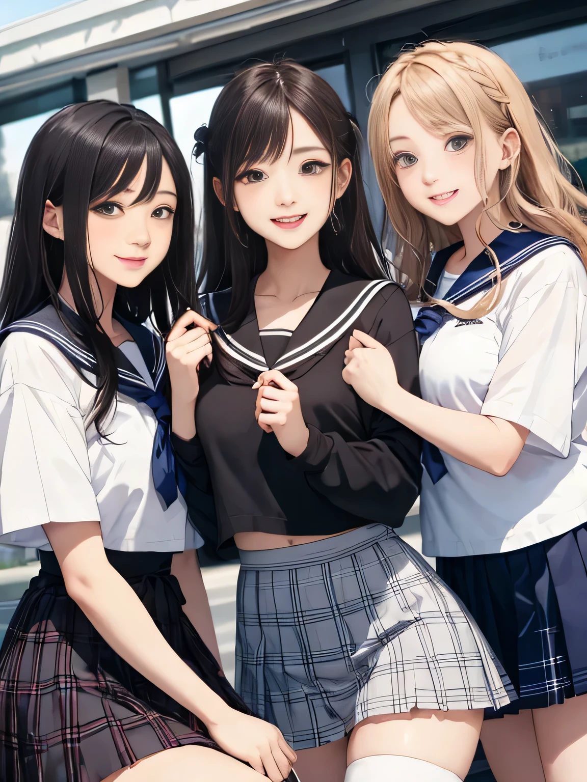 highest quality、High resolution、detailed background、beautiful and detailed face、beautiful and smooth skin、skin texture、professional lighting、Beautiful age girl、(three women),cute hairstyle、big breasts,Cute colored sailor suit、Plaid pleated mini skirt、white knee high socks、on the way to school、laughter、smile、sexual expression、show your whole body、lift up the skirt、playfully hug