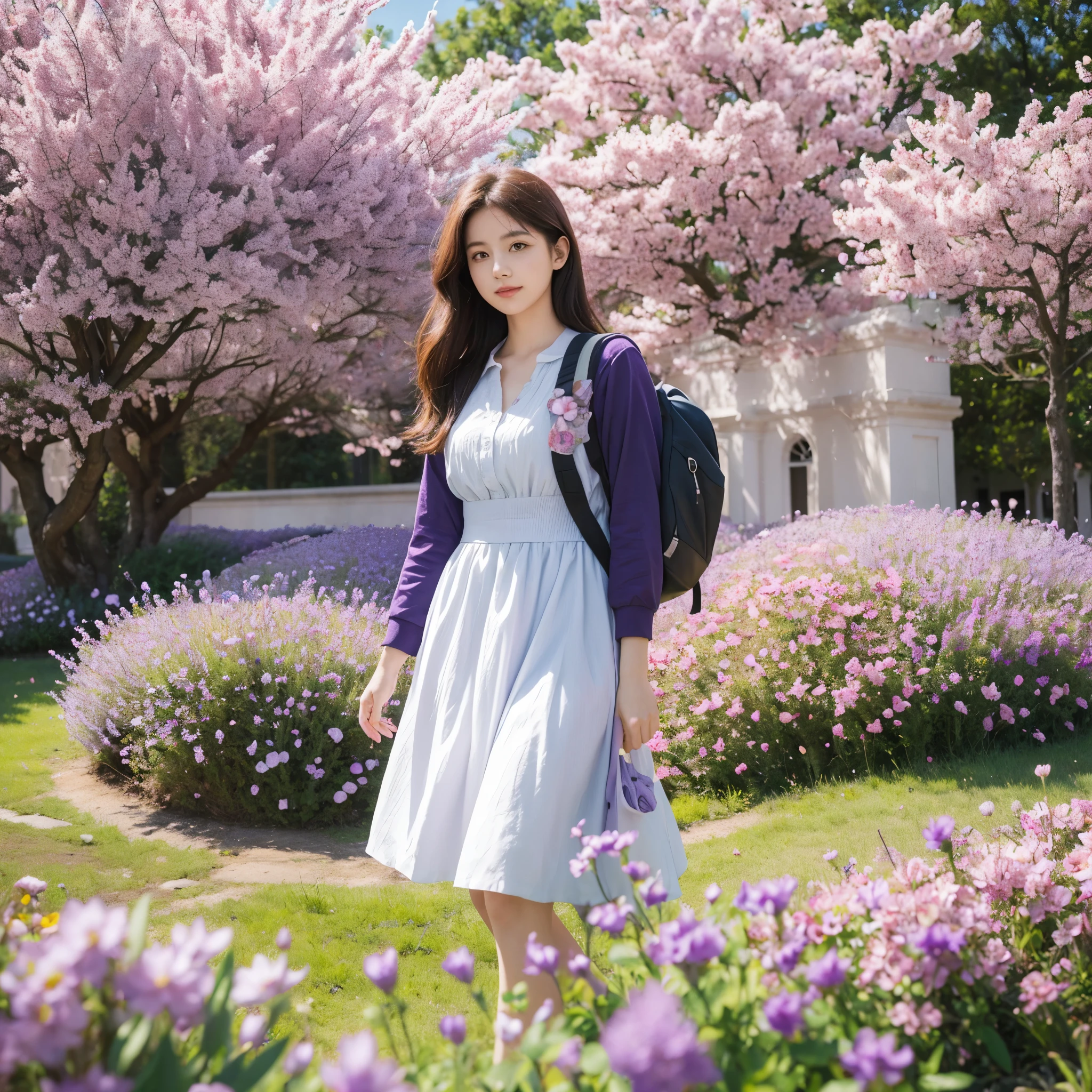 A very charming with a backpack and her cute Calico cat enjoying a lovely spring outing surrounded by beautiful purple flowers and nature. The illustration is a high-definition illustration in 4k resolution, featuring highly detailed facial features .