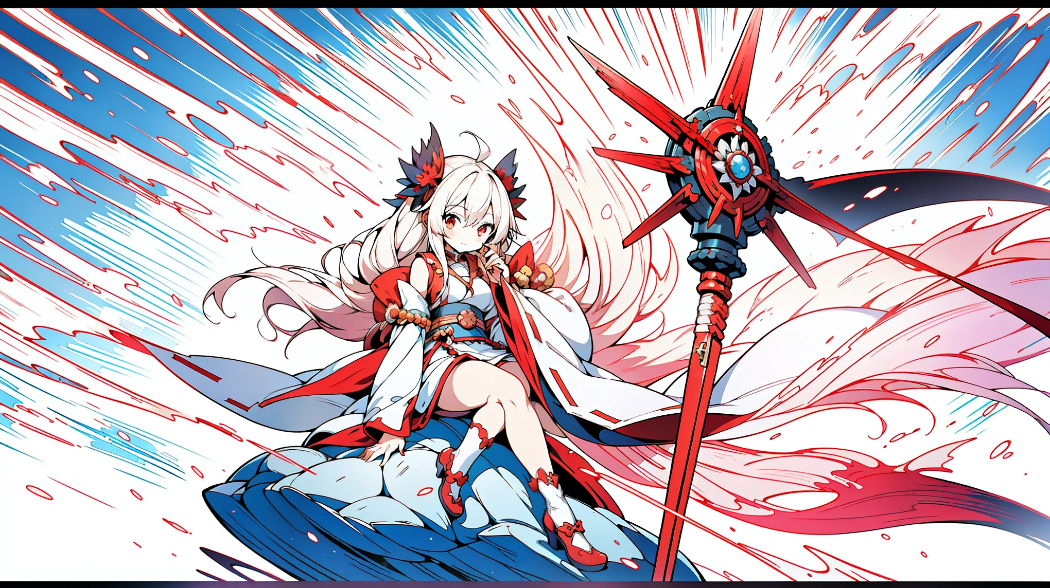Long-haired red and white-haired anime girl sitting on the rock, Detailed digital animation art, Best Anime 4K Konachan Wallpapers, Anime Fantasy Illustration, anime style 4k, anime art wallpaper 4k, anime art wallpaper 4k, Onmyoji Detailed Art, Detailed key animation art, Onmyoji portrait, Highly detailed official artwork, Detailed anime art
