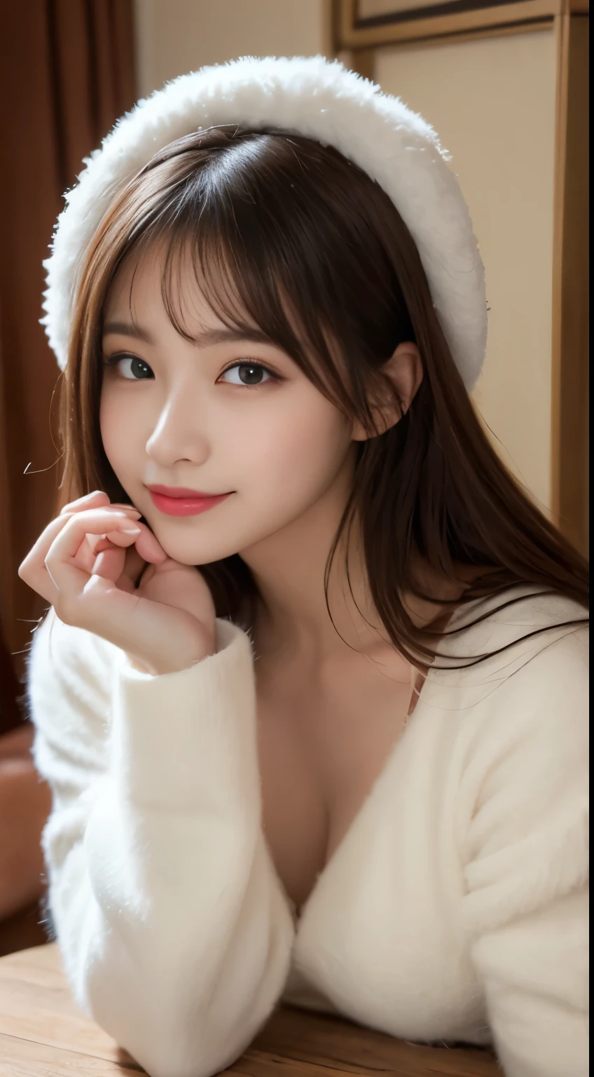 table top, highest quality, figure, super detailed, finely, High resolution, 8k wallpaper, 完璧なダイナミックな構figure, beautiful and fine eyes, white fluffy winter clothes,medium hair,,natural color lip, bold sexy pose,smile,mansion(room,Bet)、20 year old girl、cute、sexy shot looking at camera,perfect and beautiful face and fingers,Take a close-up photo of your face,Take only the face