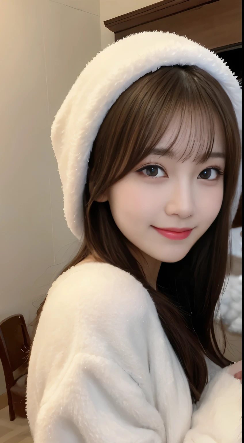 table top, highest quality, figure, super detailed, finely, High resolution, 8k wallpaper, 完璧なダイナミックな構figure, beautiful and fine eyes, white fluffy winter clothes,medium hair,,natural color lip, bold sexy pose,smile,mansion(room,Bet)、20 year old girl、cute、sexy shot looking at camera,perfect and beautiful face and fingers,Take a close-up photo of your face,Take only the face