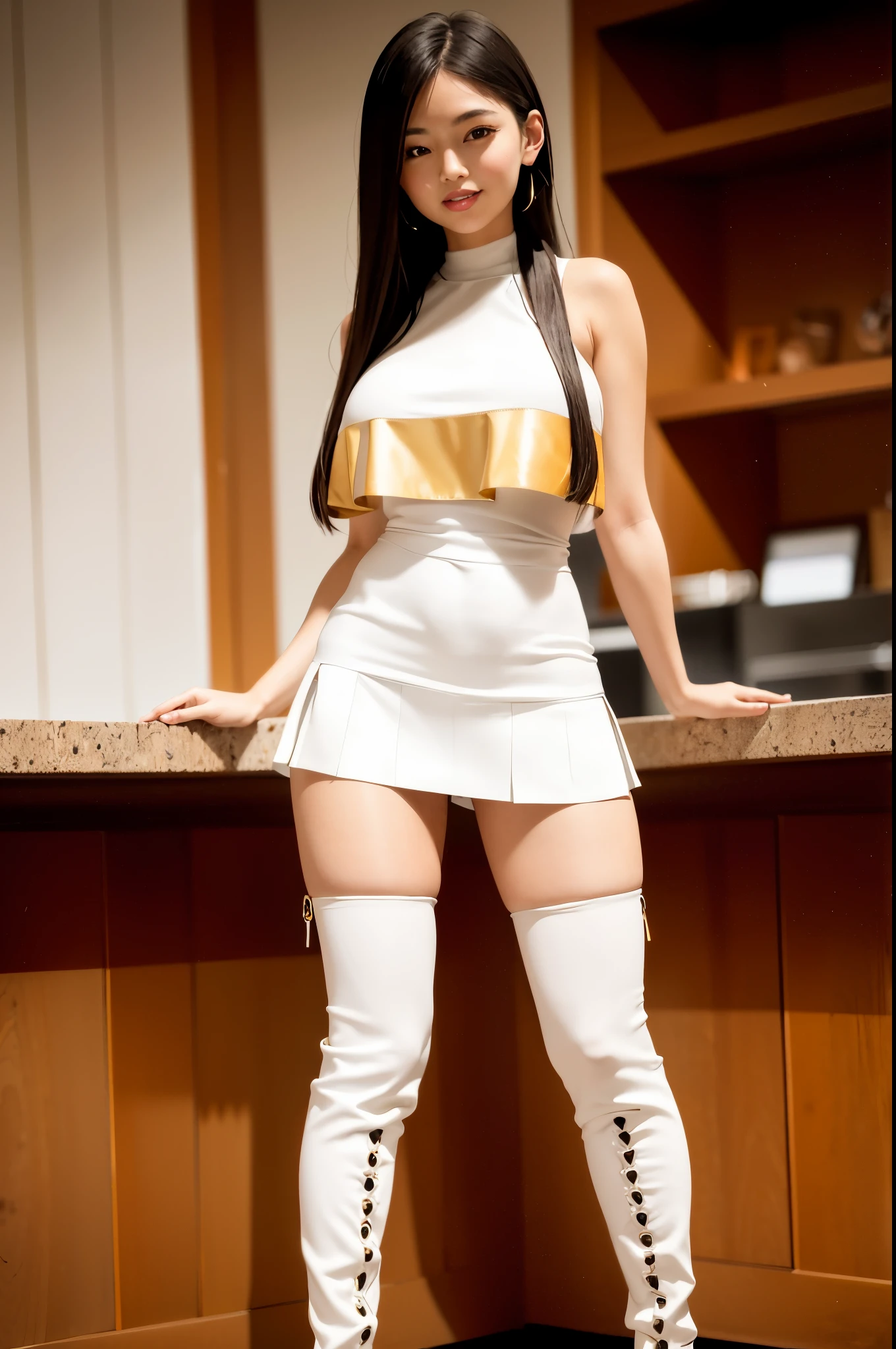masterpiece, highest quality, High resolution, A girl with a cute smile, big breasts, a super white miniskirt that shows all the way down to the base of her thighs, fine pleats, long hair, thigh-length boots, narrow boots that fit perfectly on her legs.