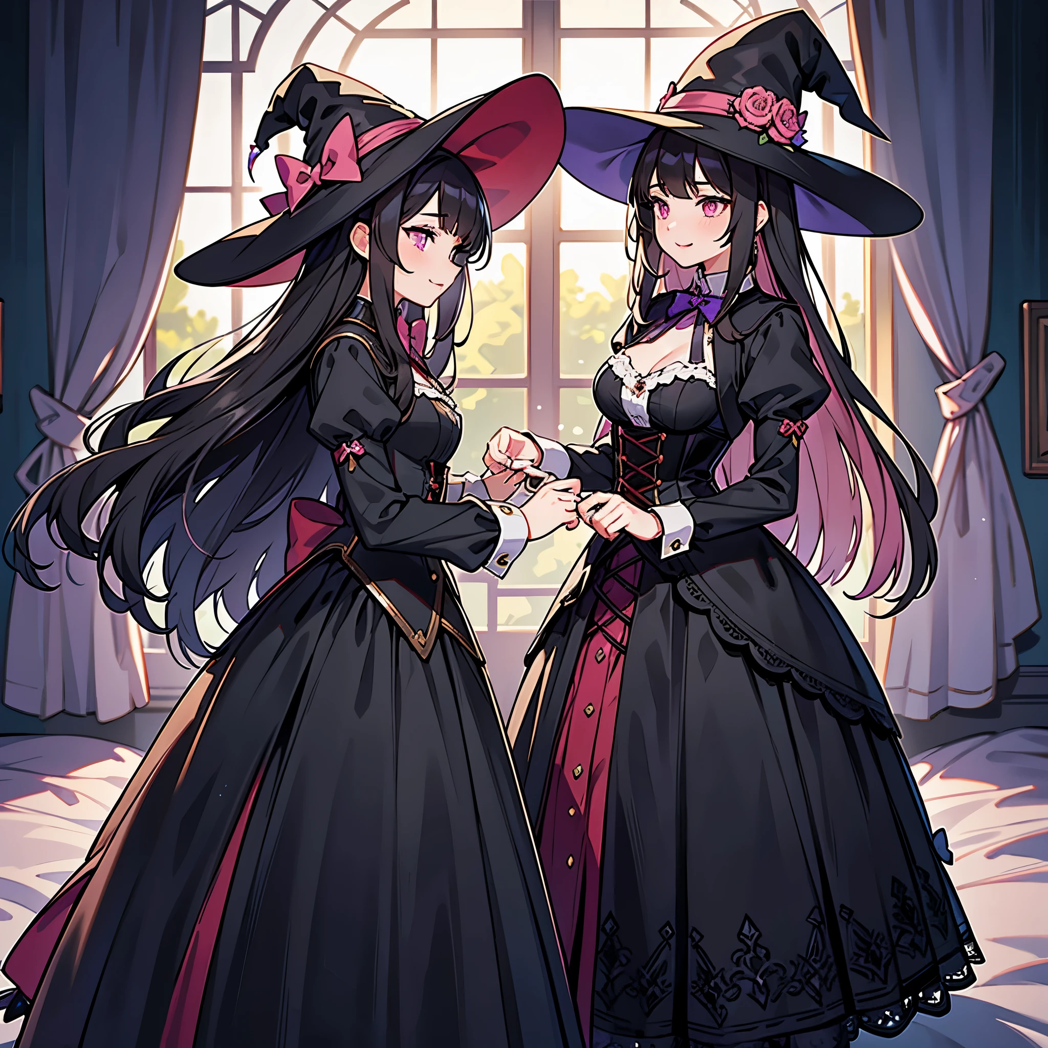best quality,ultra-detailed,realistic,photorealistic,pink-eyed,long-haired girl looks happy,beautiful detailed eyes,beautiful detailed lips,long eyelashes,best quality portrait painting,detailed,physically-based rendering,ultra-fine painting,fine details,painting,a teenage boy has joined a witch coven and gets magically transformed into a cute teenage witch girl,gender bending,witches are helping dressing up the new girl, who’s happily getting dressed in a stunning black victorian dress, physically-based rendering,gorgeous dress design,flowing gown,elaborate lace details,rich textures,contrast stitching,delicate ribbon bows,floral accents,full skirt,high neckline,long sleeves,fitted waistline,flared cuffs,lace-up back,luxurious fabrics,corset,flawless silhouette,high heels, pink-eyed girl,effeminate face,pointy hat,long black hair,witches assisting in dressing up the new girl,promptly helps the new girl getting dressed in a stunning black Victorian dress, in a old abandoned castle with worned out furniture and occultist witch symbol, high resolution, 4K, 8K