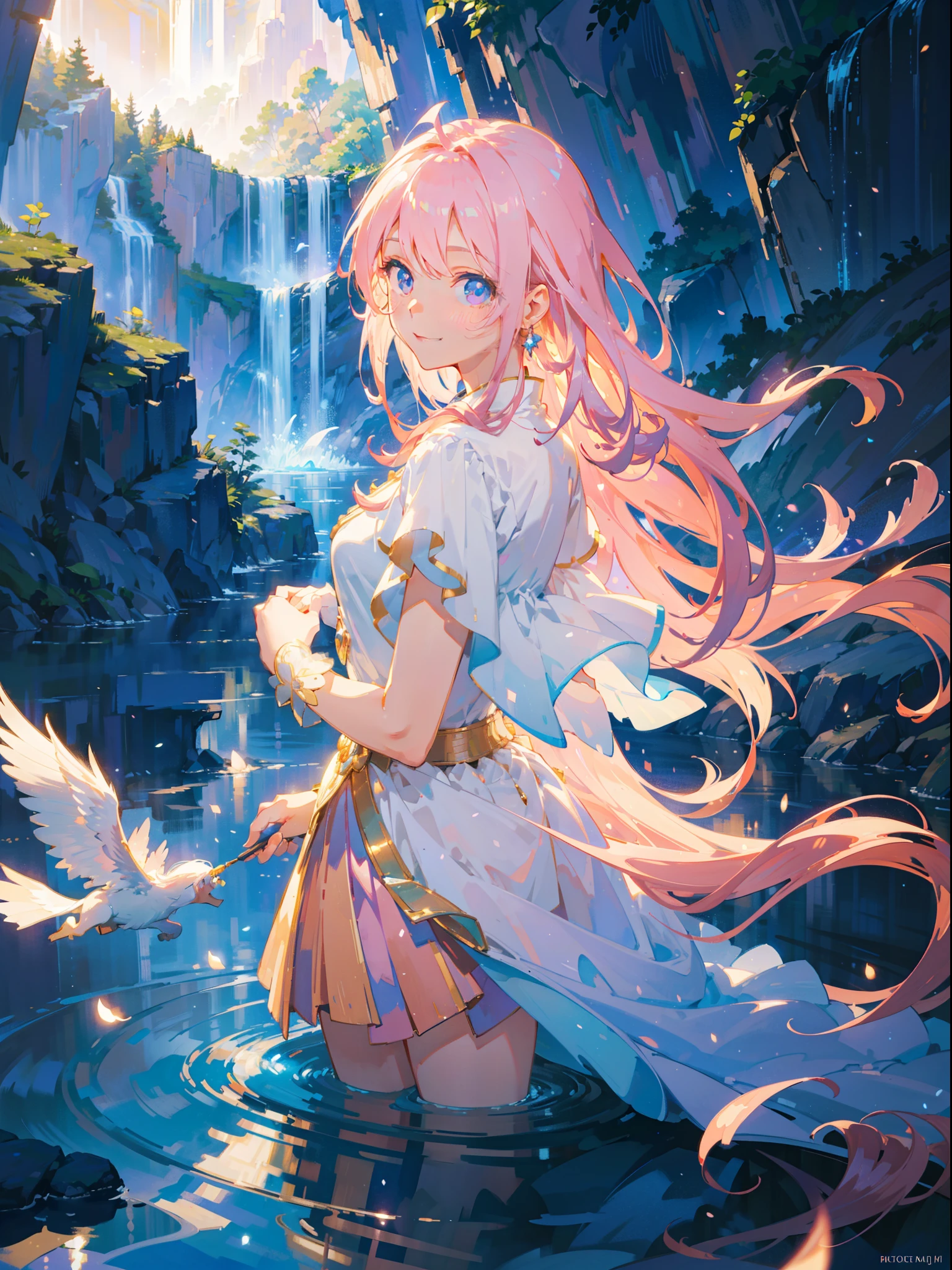 (best quality, photorealistic), vibrant colors, soft lighting, waterfall background, flowing hair, big sparkling eyes, delicate features, elegant pose, joyful expression, gentle smile, magical atmosphere, magical girl style, pastel color palette, dreamlike scenery