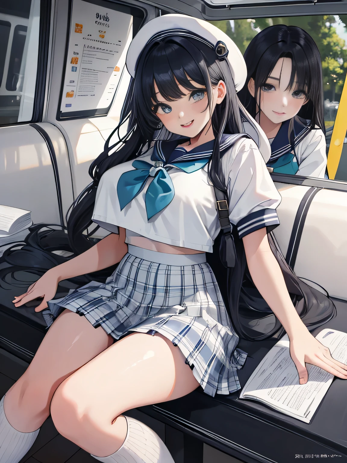 highest quality、High resolution、detailed background、beautiful and detailed face、beautiful and smooth skin、skin texture、professional lighting、Beautiful teenage girl、(three women),cute hairstyle,big breasts,Cute colored sailor suit、Plaid pleated mini skirt、white knee high socks、on the way to school、laughter、smile、sexual expression、show your whole body