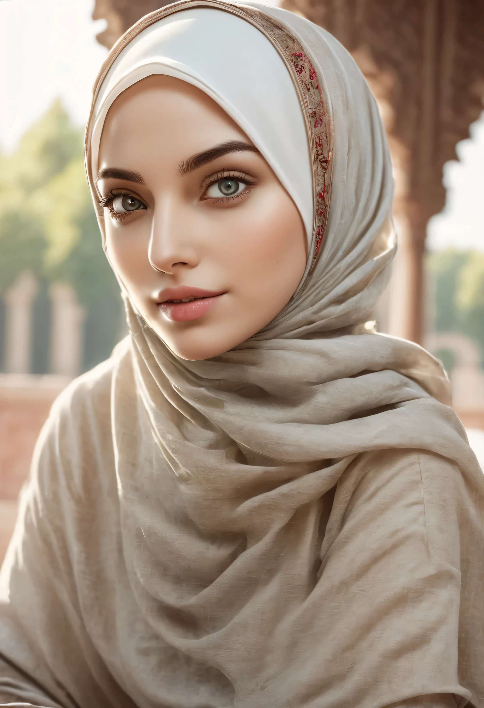 1girl, solo, beautiful face, high detailed realistic eyes, double eyelids, high detailed realistic pupils, (upon body from head to waist:1.36), (wearing hijab:1.37), (moslem headscarf:1.37), reading glasses, sitting alone on a long chair, amazing mosque park background, taj mahal, best quality, masterpiece, highres, black and white moslem female dress, Beautiful face, (upon body from head to waist:1.35), tyndall effect, photorealistic, dark studio, two tone lighting, 8k uhd, dslr, soft lighting, high quality, volumetric lighting, candid, Photograph, high resolution, 4k, 8k, Bokeh, (hyperrealistic girl), (illustration), (high resolution), (extremely detailed), (best illustration), (beautiful detailed eyes), (best quality), (ultra-detailed), (masterpiece), (wallpaper), (photorealistic), (natural light), (rim lighting), (detailed face), (high detailed realistic skin face texture), (anatomically correct), (heterochromic eyes), (detailed eyes), (sparkling eyes), (dynamic pose), (hair completely covered by the hijab:1.35), looking to viewer