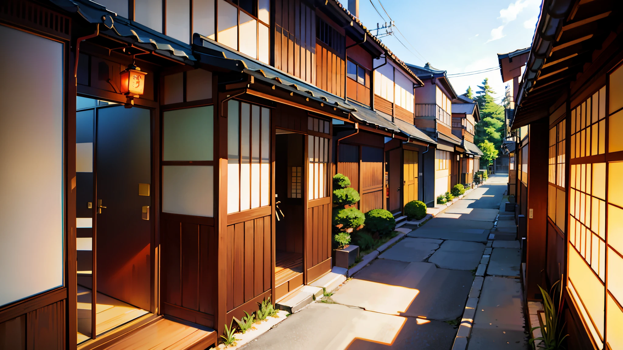 (Scenery of Japan town), (Hayao Miyazaki), comics, Japan Townhouse, Cat,anime,animeのような, An illustration,cute,Kyoto,Kyotoの家,small houses, realistic lighting, High resolution details, masterpiece, best quality,  --v6