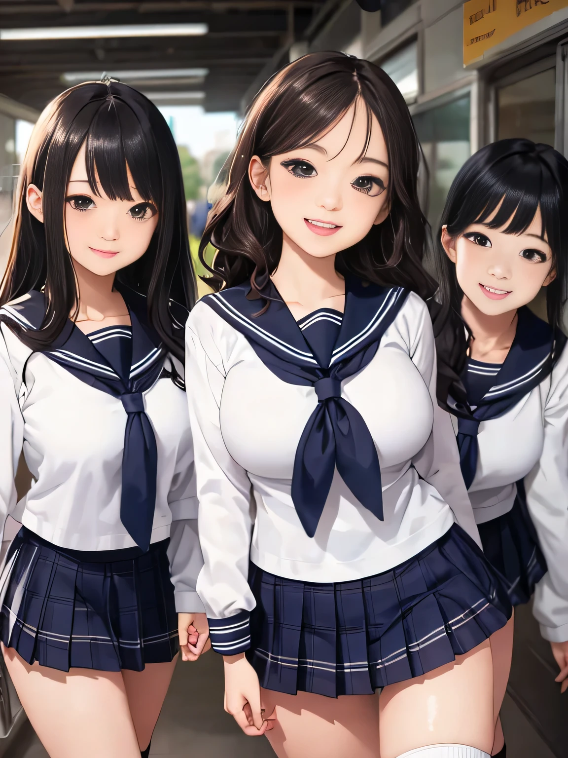 highest quality、High resolution、detailed background、beautiful and detailed face、beautiful and smooth skin、skin texture、professional lighting、Beautiful teenage girl、(three women),cute hairstyle,big breasts,Cute colored sailor suit、Plaid pleated mini skirt、white knee high socks、on the way to school、laughter、smile、sexual expression、show your whole body