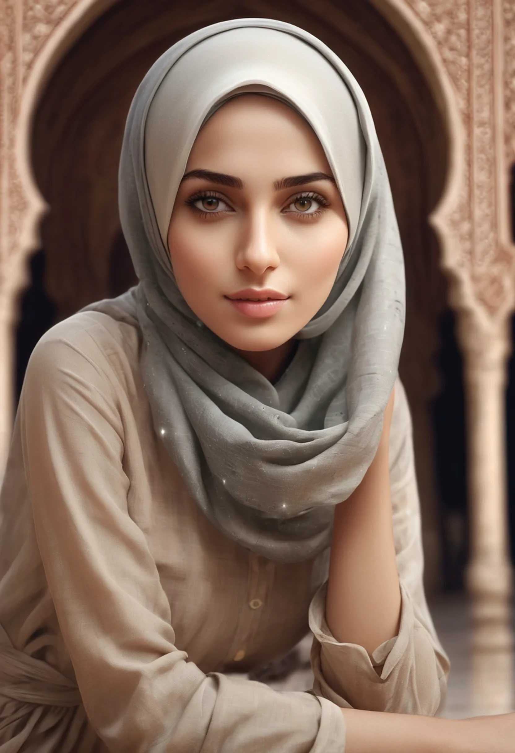 1girl, solo, beautiful face, high detailed realistic eyes, double eyelids, high detailed realistic pupils, (upon body from head to waist:1.36), (wearing hijab:1.37), (moslem headscarf:1.37), reading glasses, sitting alone on a long chair, amazing mosque park background, taj mahal, best quality, masterpiece, highres, black and white moslem female dress, Beautiful face, (upon body from head to waist:1.35), tyndall effect, photorealistic, dark studio, two tone lighting, 8k uhd, dslr, soft lighting, high quality, volumetric lighting, candid, Photograph, high resolution, 4k, 8k, Bokeh, (hyperrealistic girl), (illustration), (high resolution), (extremely detailed), (best illustration), (beautiful detailed eyes), (best quality), (ultra-detailed), (masterpiece), (wallpaper), (photorealistic), (natural light), (rim lighting), (detailed face), (high detailed realistic skin face texture), (anatomically correct), (heterochromic eyes), (detailed eyes), (sparkling eyes), (dynamic pose), (hair completely covered by the hijab:1.35), looking to viewer