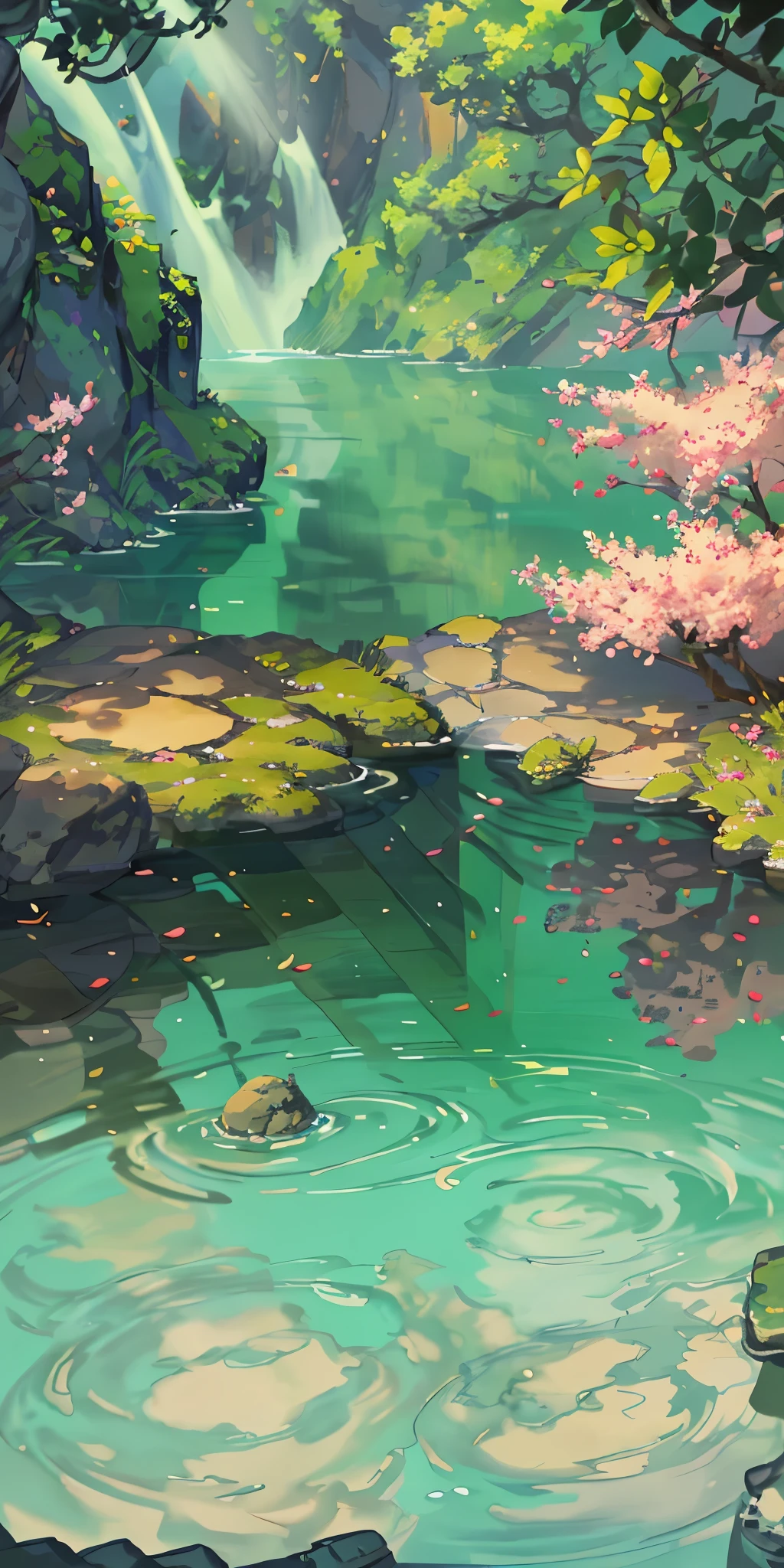 Chinese ancient times, spring, jungle, lake, cave, waterfall, tree, meadow, rock, deer, hot spring, water vapor, (illustration: 1.0), epic composition, realistic lighting, HD details, masterpiece, best quality, (very detailed CG unified 8k wallpaper) --v 6