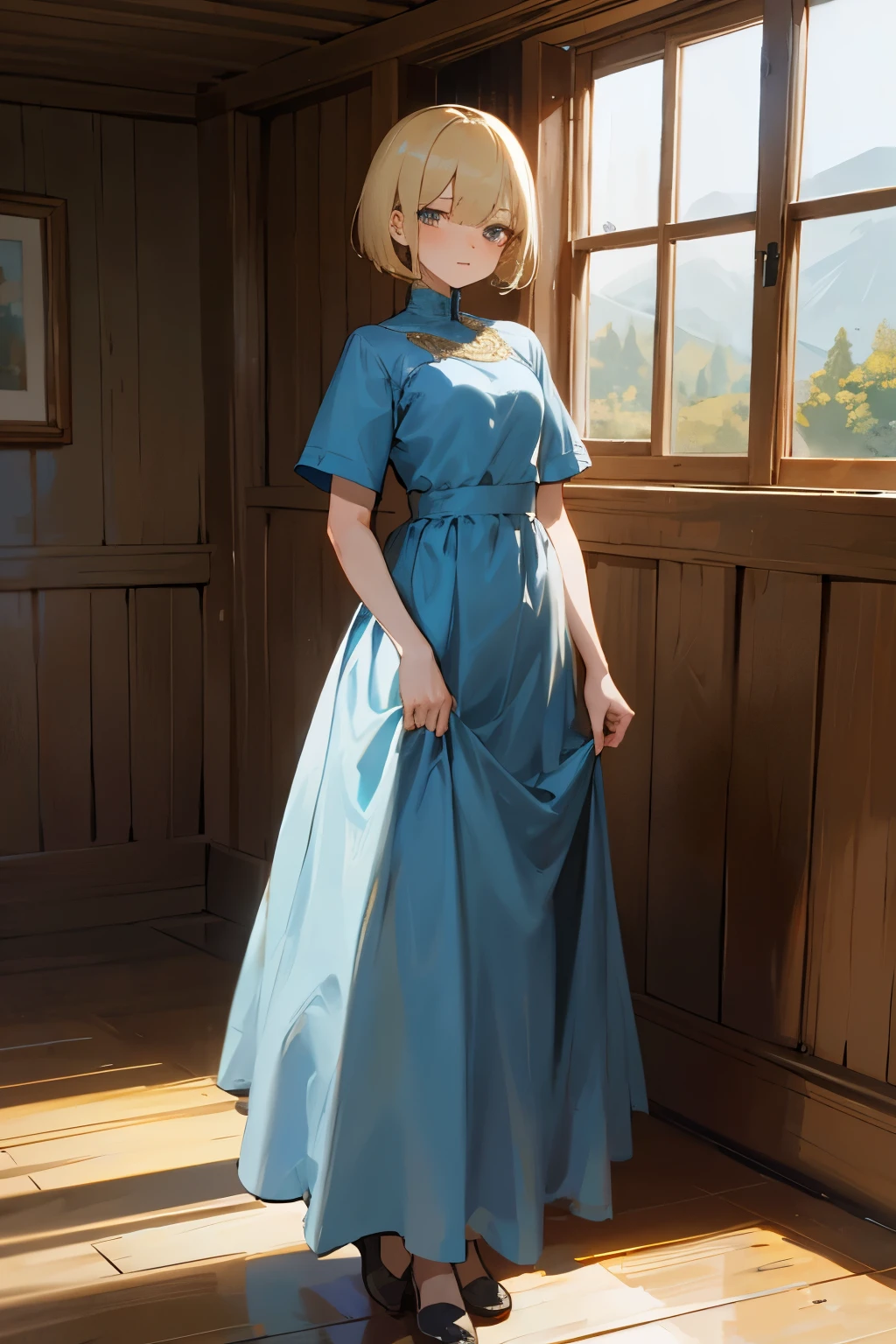 Woman with blonde short hair, she uses a delicated blue long dress with short sleeves, she is standing on a room with a window in a wood house in a mountain, her eyes are closed (DETAILED EYE)