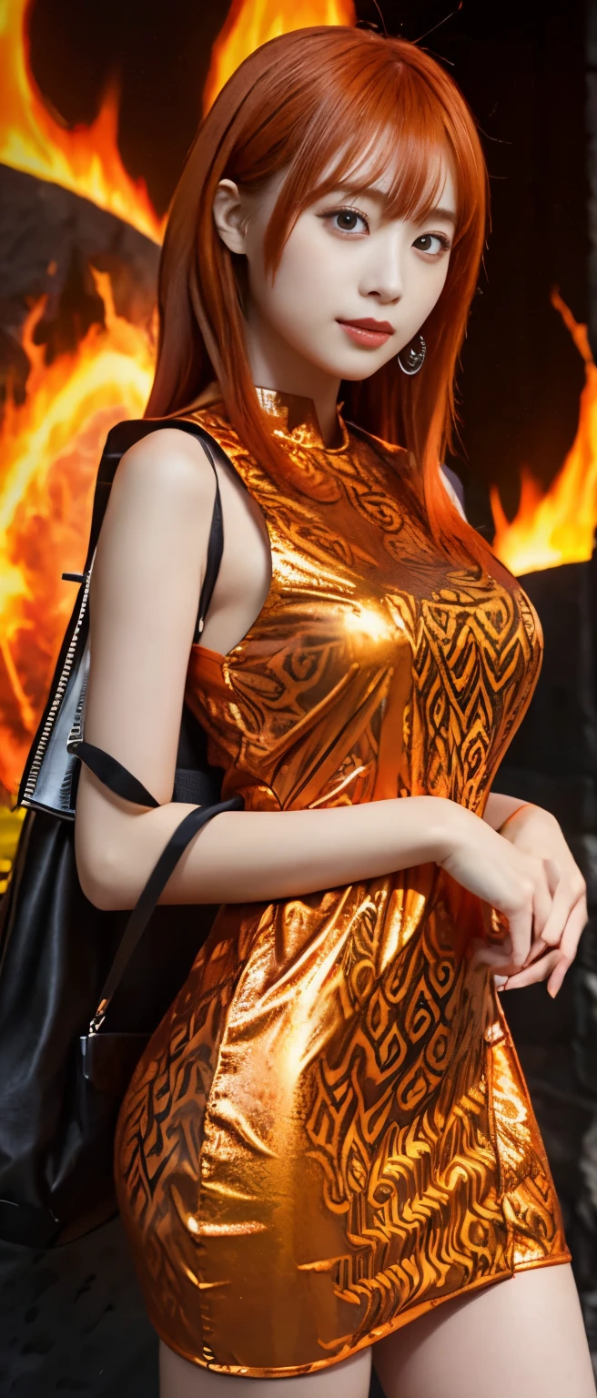 A fiery idol、whole body、good style、、、、、magma pattern mini dress、Volcanic field、shiny orange hair