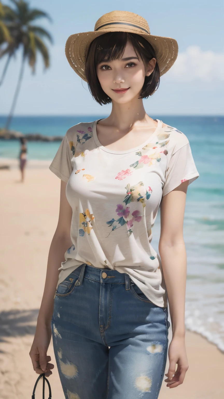 158
(Shorthair:1.46),  (a 20 yo woman, standing), (A hyper-realistic), (Masterpiece), (8KUHD), (gentle smile), Slender waist, Wearing jeans, ((Floral Clothing - T-Shirts)), Wearing long pants, (abstract painting), (splash on the beach),  (breasts:1.3), (口紅), panama hat
