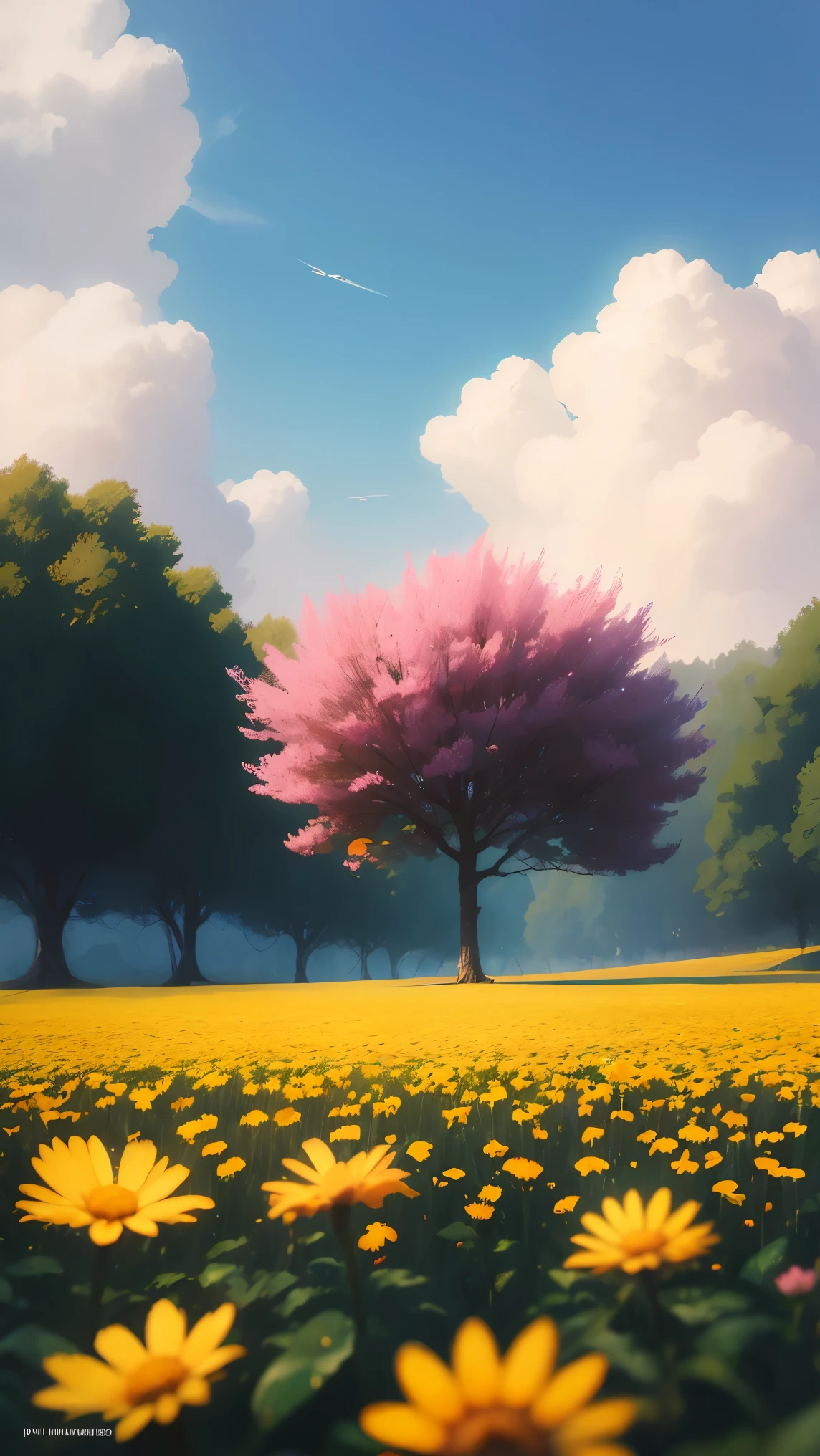 summer, grama, algumas flores rosas vermelhas, grandes nuvens, blue sky, clima quente, Detalhe HD, wet watermark, Hiperdetalhe, cinematographic, surrealismo, Luz suave, Bokeh de foco de campo profundo, rastreamento de raio, e surrealismoo. --v6