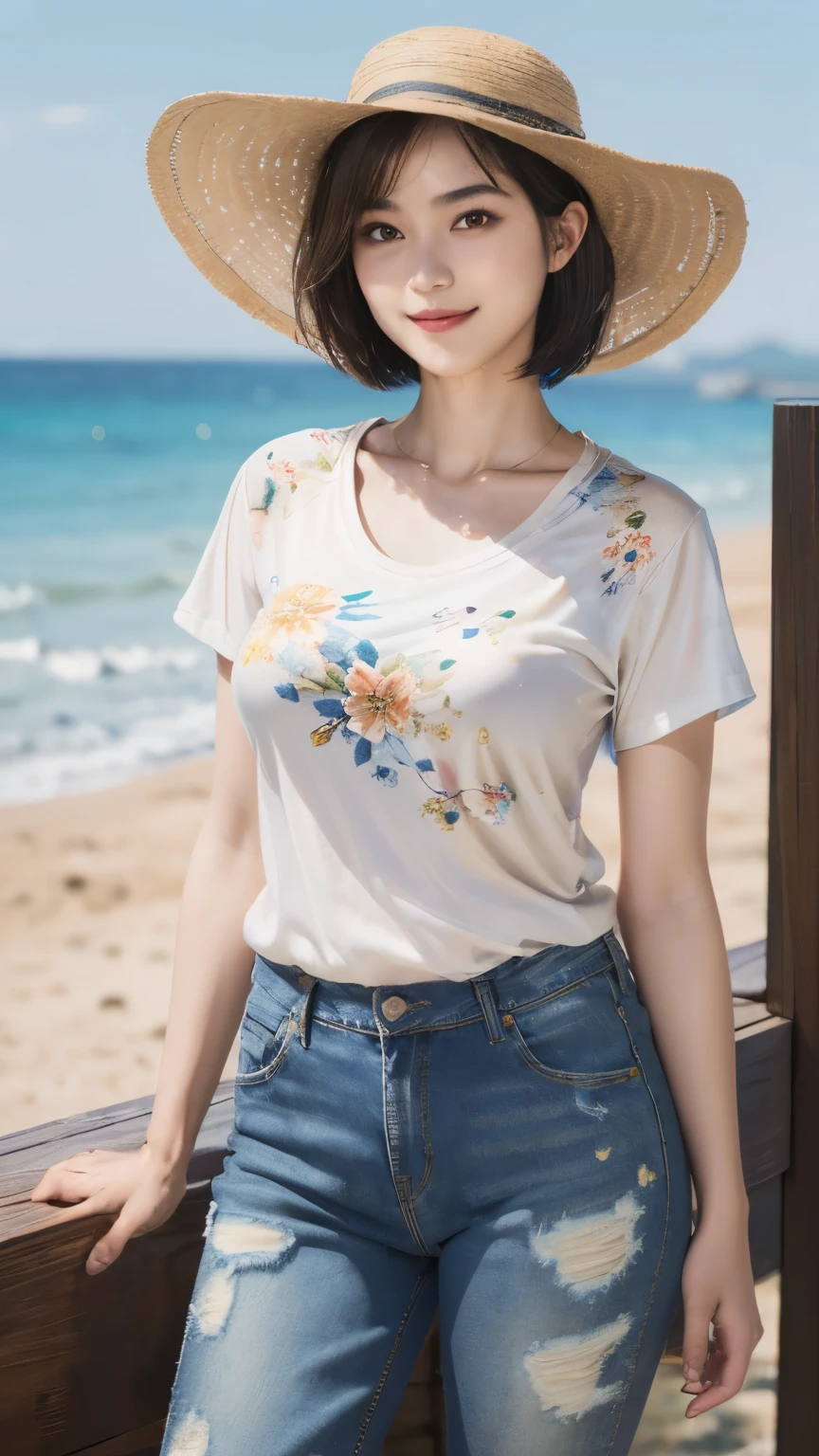 158
(Shorthair:1.46), (a 20 yo woman, standing), (A hyper-realistic), (Masterpiece), (8KUHD), (gentle smile), Slender waist, Wearing jeans, ((Floral Clothing - T-Shirts)), Wearing long pants, (abstract painting), (splash on the beach), (breasts:1.3), (口紅), panama hat