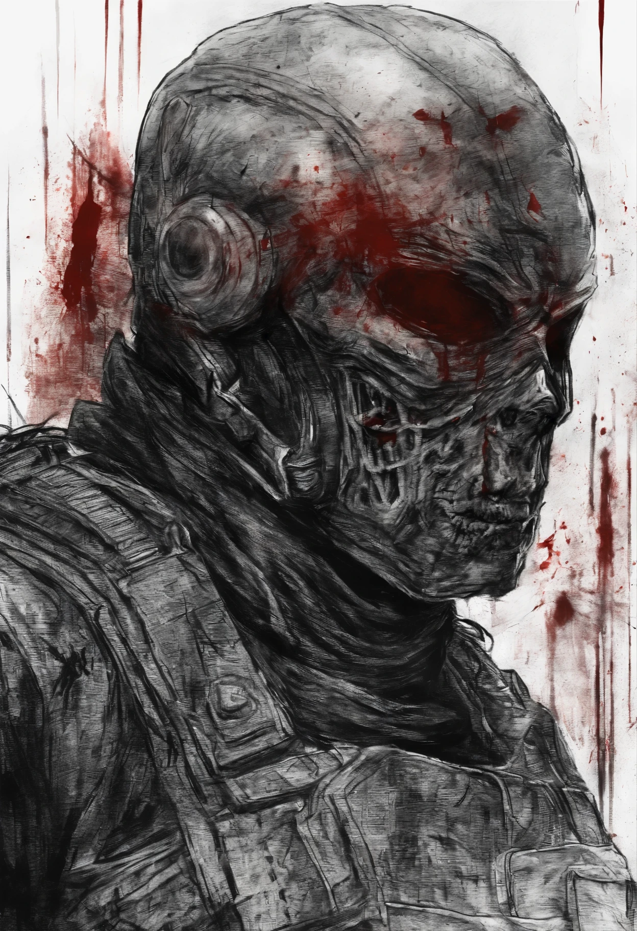Furious soldier character sketch, surreal, artistic, black red and white,Narrowed pupils,Blood,scar,silent