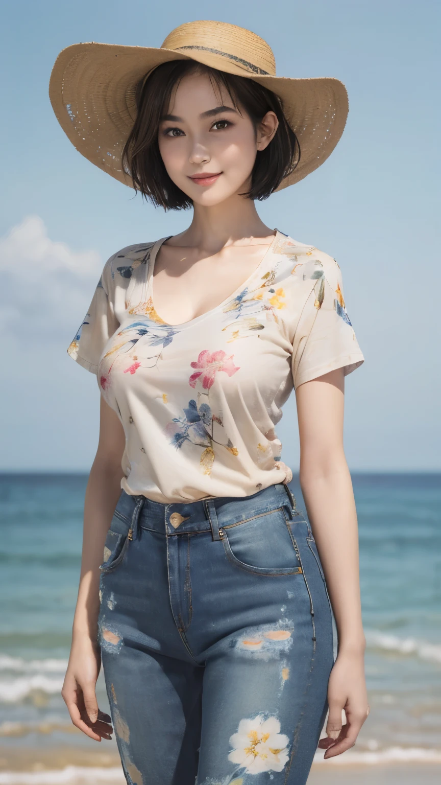 158
(Shorthair:1.46),  (a 20 yo woman, standing), (A hyper-realistic), (Masterpiece), (8KUHD), (gentle smile), Slender waist, Wearing jeans, ((Floral Clothing - T-Shirts)), Wearing long pants, (abstract painting), (splash on the beach),  (breasts:1.3), (口紅), panama hat
