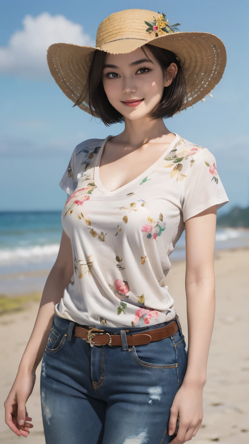 158
(Shorthair:1.46),  (a 20 yo woman, standing), (A hyper-realistic), (Masterpiece), (8KUHD), (gentle smile), Slender waist, Wearing jeans, ((Floral Clothing - T-Shirts)), Wearing long pants, (abstract painting), (splash on the beach),  (breasts:1.3), (口紅), panama hat
