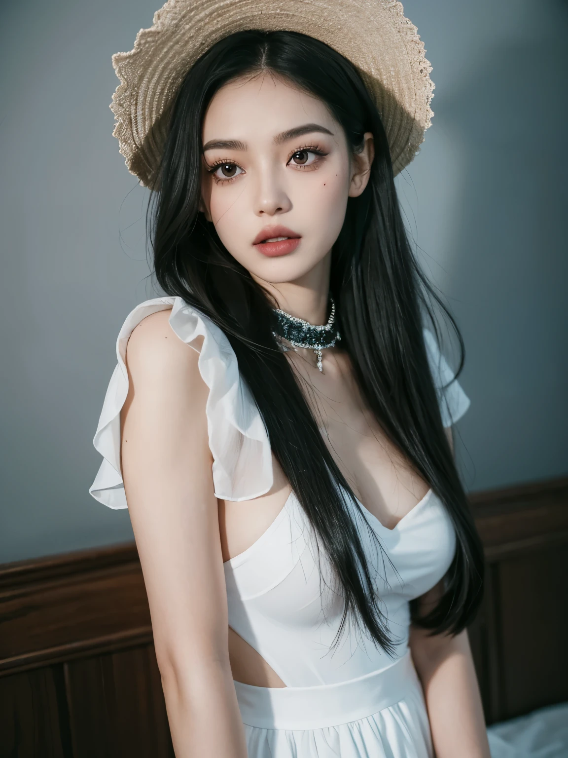 Kim Jennie con el cabello negro oscuro, con rulos en las puntas del cabello negro oscuro, con un ganchito de estrella en el cabello negro oscuro, ojos de color claro, ojos bonitos, nariz bonita y respingada, labios bonitos, labios rosas, heart shaped lip and cupid, piel bonita, pale and white skin, con lunares y pecas en todo el rostro, rubor rosa suave en las mejilla, rubor rosa natural, dark and gothic makeup, Jennie gotica, cuellos bonito, cuello marcado, frown, mirada enojada, con un collar de beso, un collar bonito de beso, mientras muestra sus pechos desnudos, mientras tiene los pezones con dos corazones de papel rosa, tiene los pezonnes con corazones de papel rosa, con un sombrero de vaquero 🤠, bonito Sobrero de vaquero, (pechos grandes, pechos suaves, pechos bonitos, pechos naturales), looking to the camera, selfie